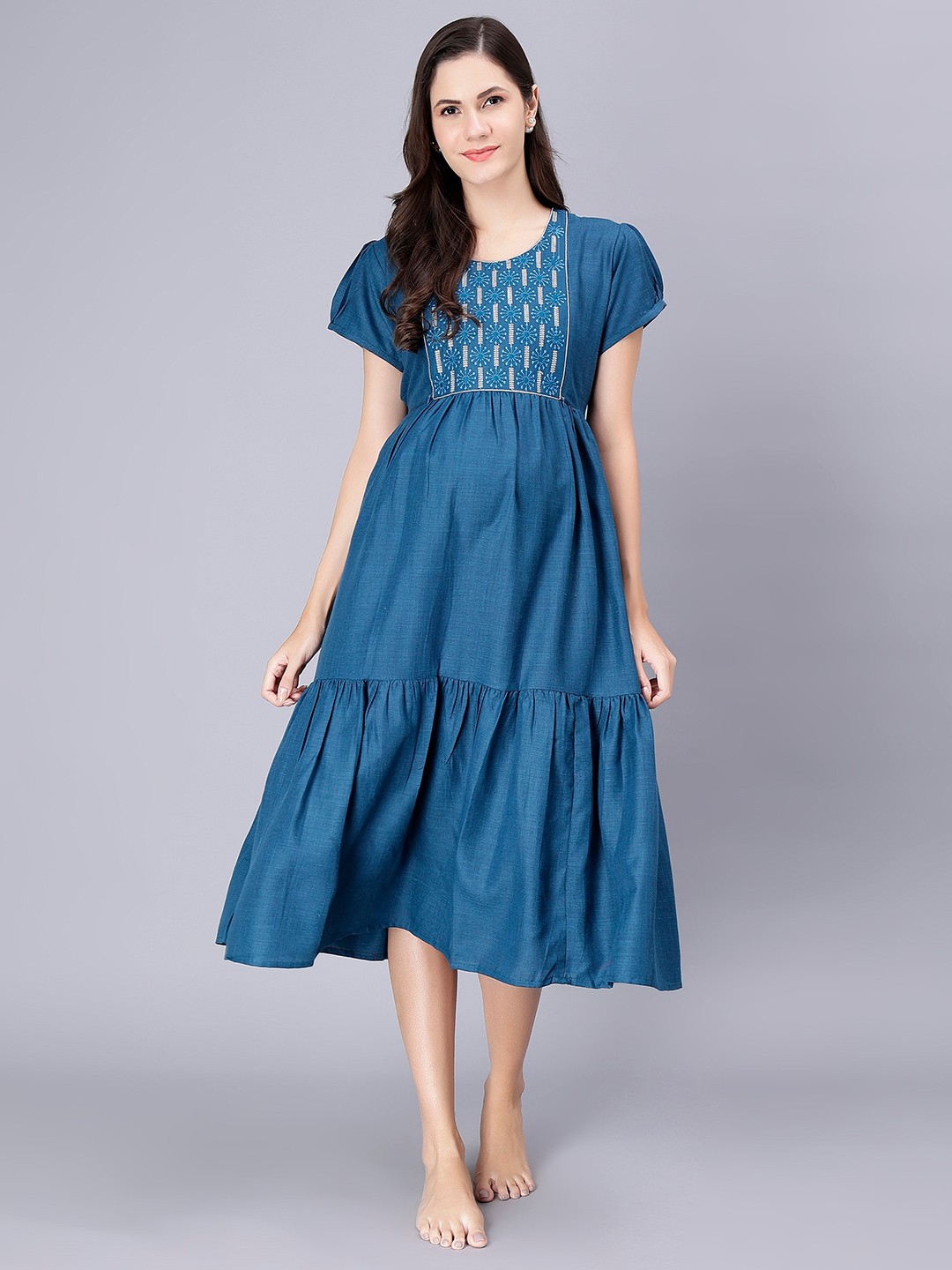 

NIGHTSPREE Ethnic Motifs Embroidered Maternity Midi Nightdress, Blue