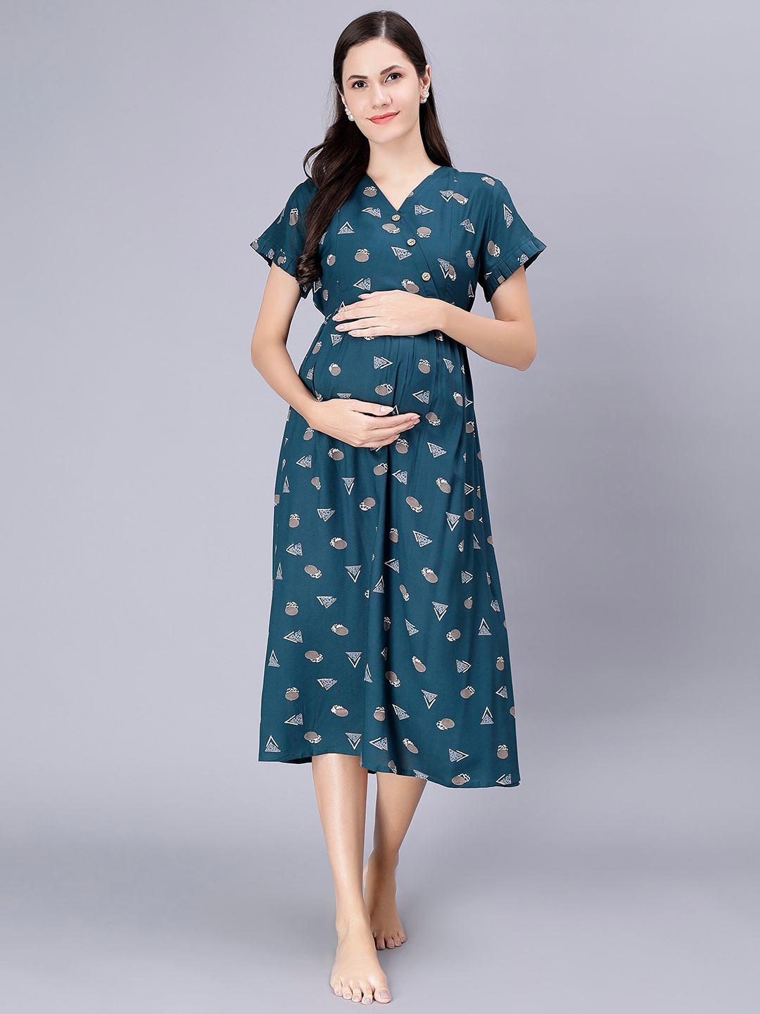 

NIGHTSPREE Geometric Printed Maternity A-Line Midi Nightdress, Sea green