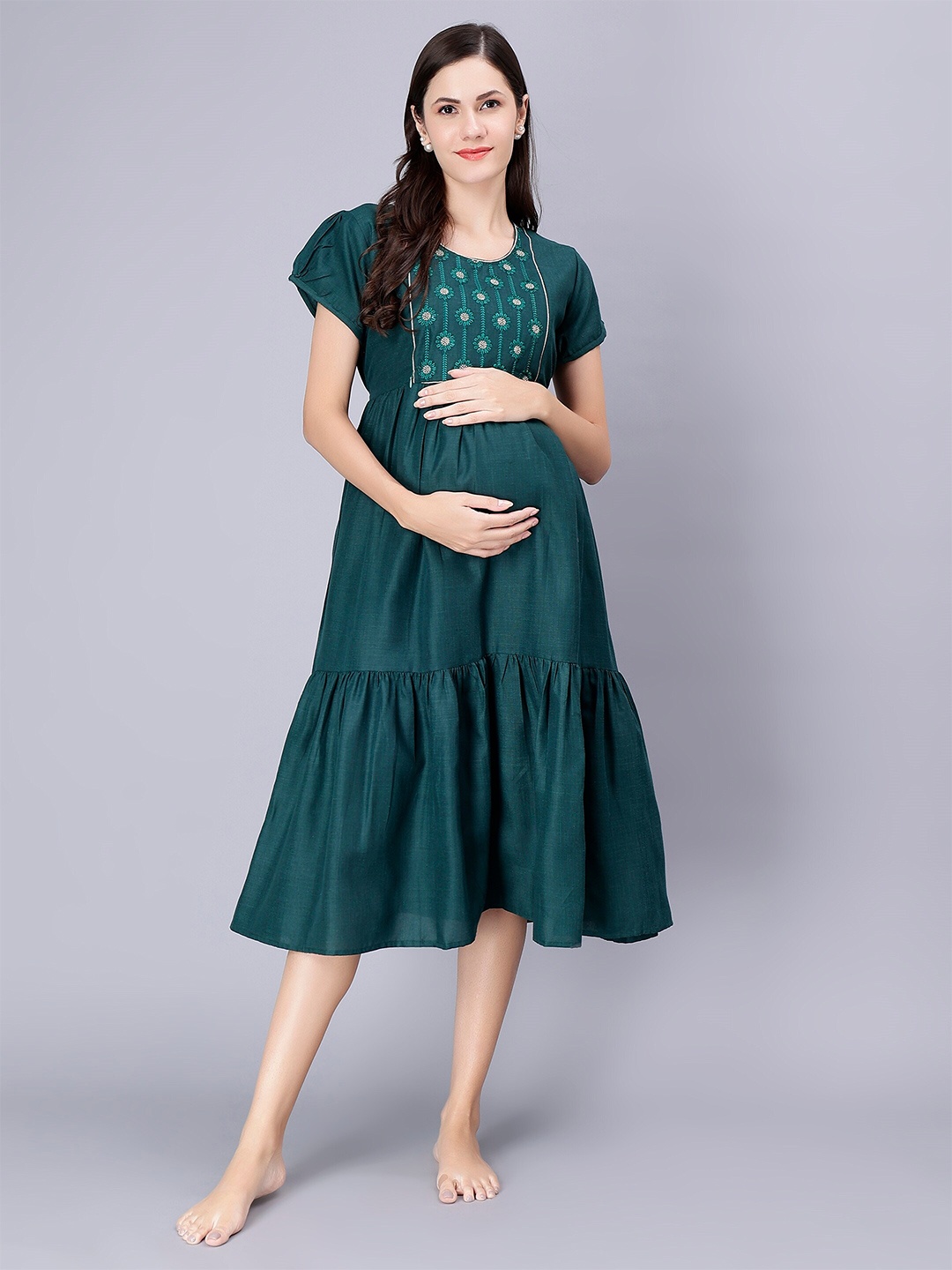 

NIGHTSPREE Maternity Floral Embroidered Flounce Midi Fit & Flare Dress, Green