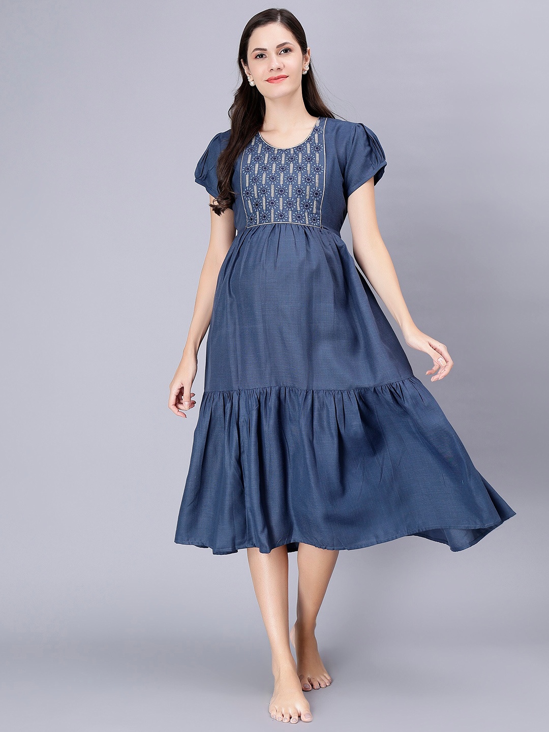 

NIGHTSPREE Floral Embroidered Cotton Maternity Fit & Flare Midi Nightdress, Grey