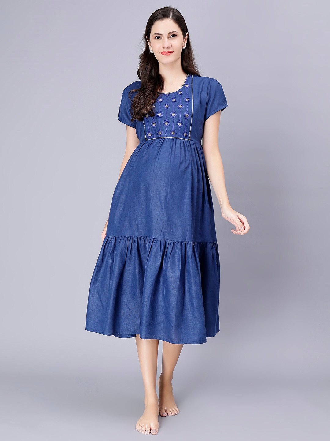 

NIGHTSPREE Floral Embroidered Cotton Maternity A-Line Midi Dress, Blue