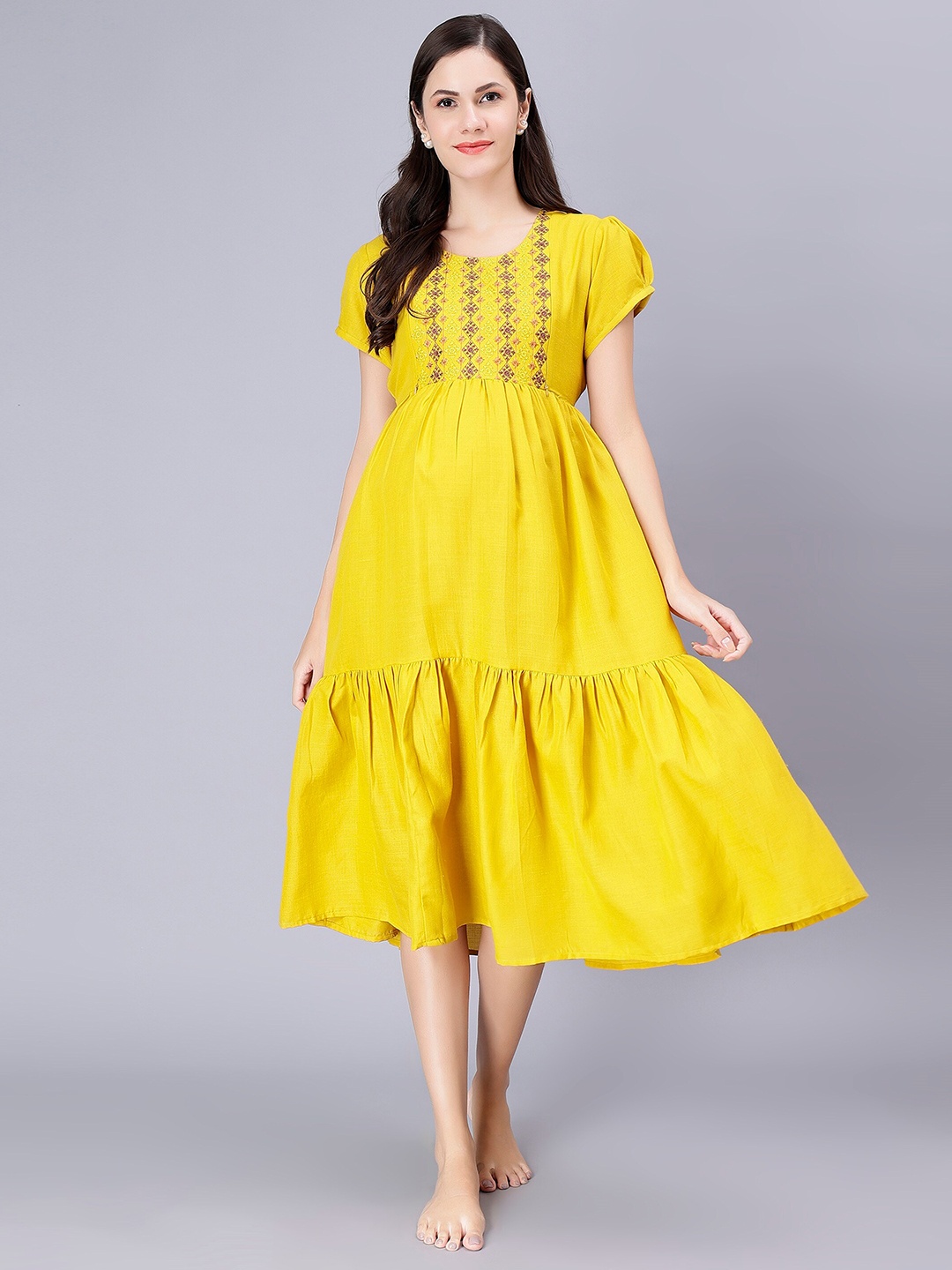 

NIGHTSPREE Maternity Floral Embroidered Flounce Midi Fit & Flare Dress, Yellow