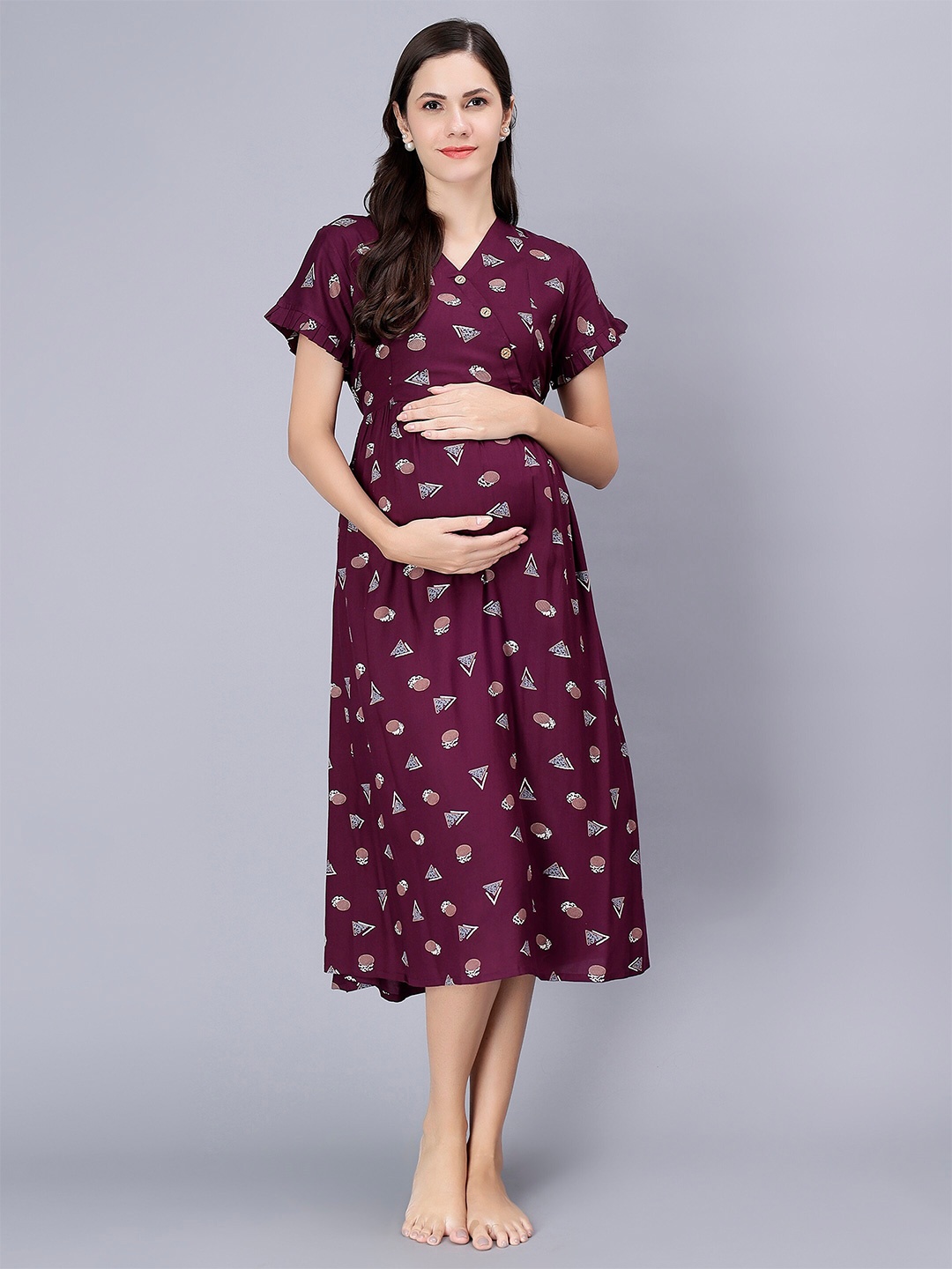 

NIGHTSPREE Geometric Printed V-Neck Maternity Nightdress, Purple
