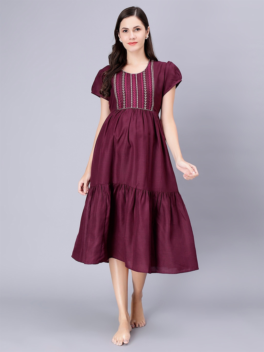 

NIGHTSPREE Puff Sleeve Embroidered Detail Maternity A-Line Dress, Magenta