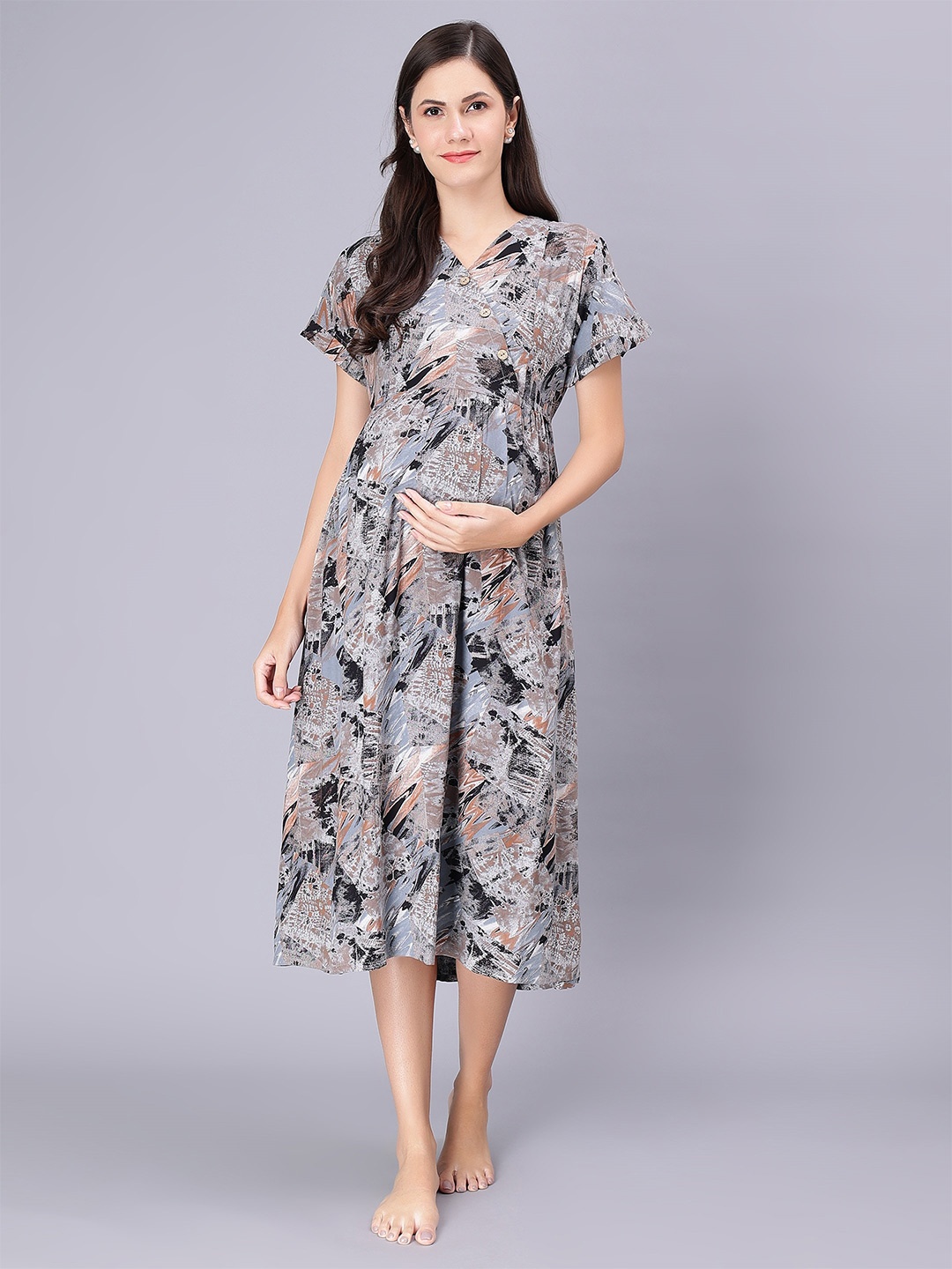 

NIGHTSPREE Abstract Printed V-Neck Maternity A-Line Dress, Peach