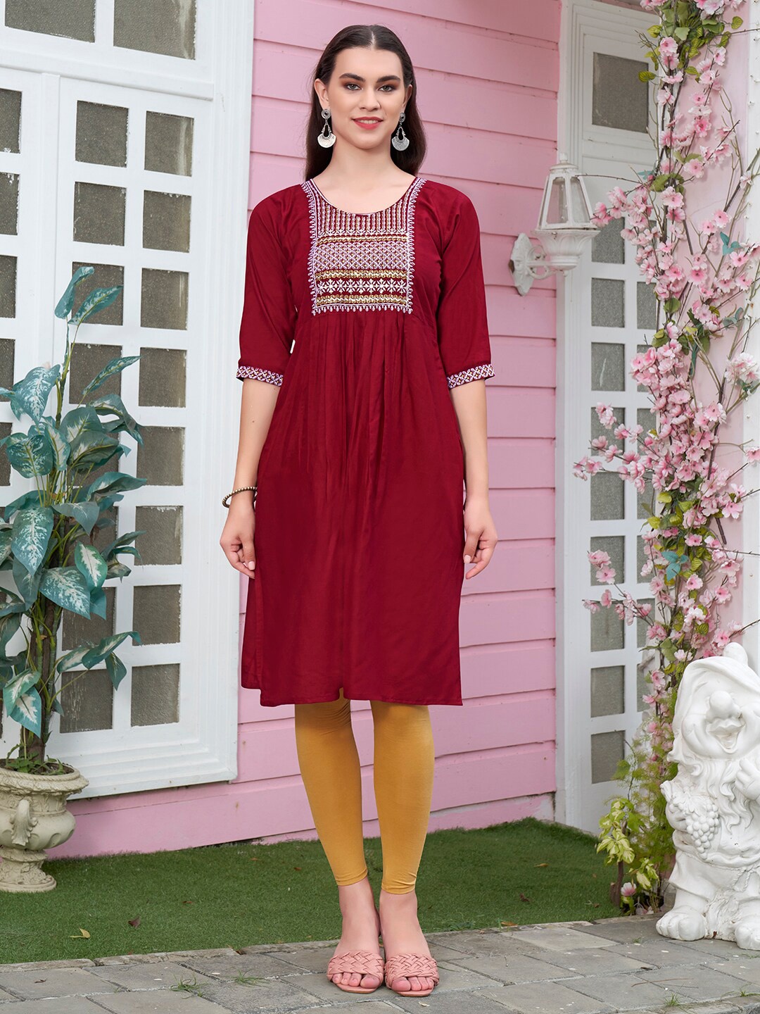 

Anouk Ethnic Motifs Yoke Design A-Line Kurta, Maroon