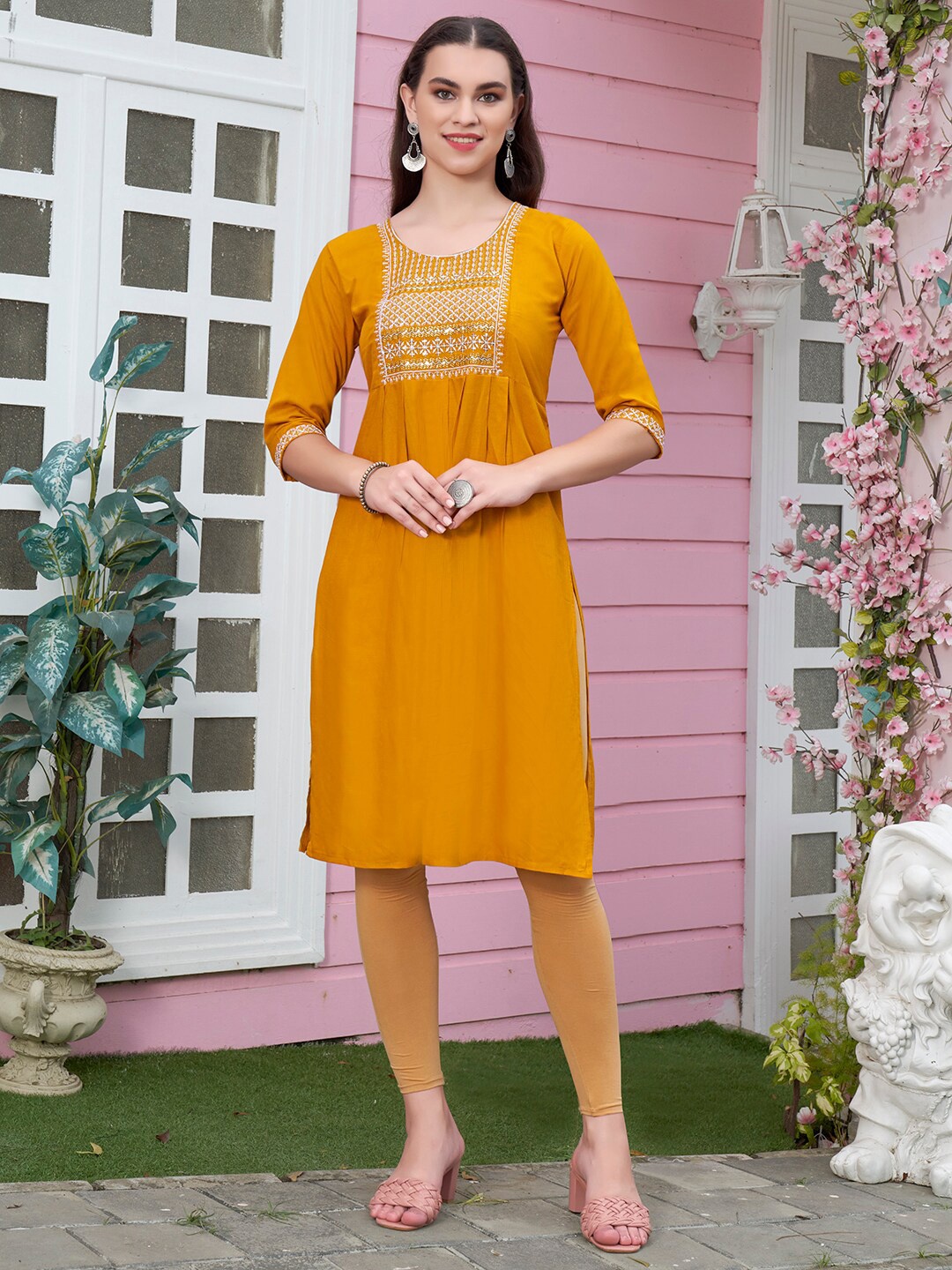 

Anouk Ethnic Motifs Yoke Design Sequinned Kurta, Mustard