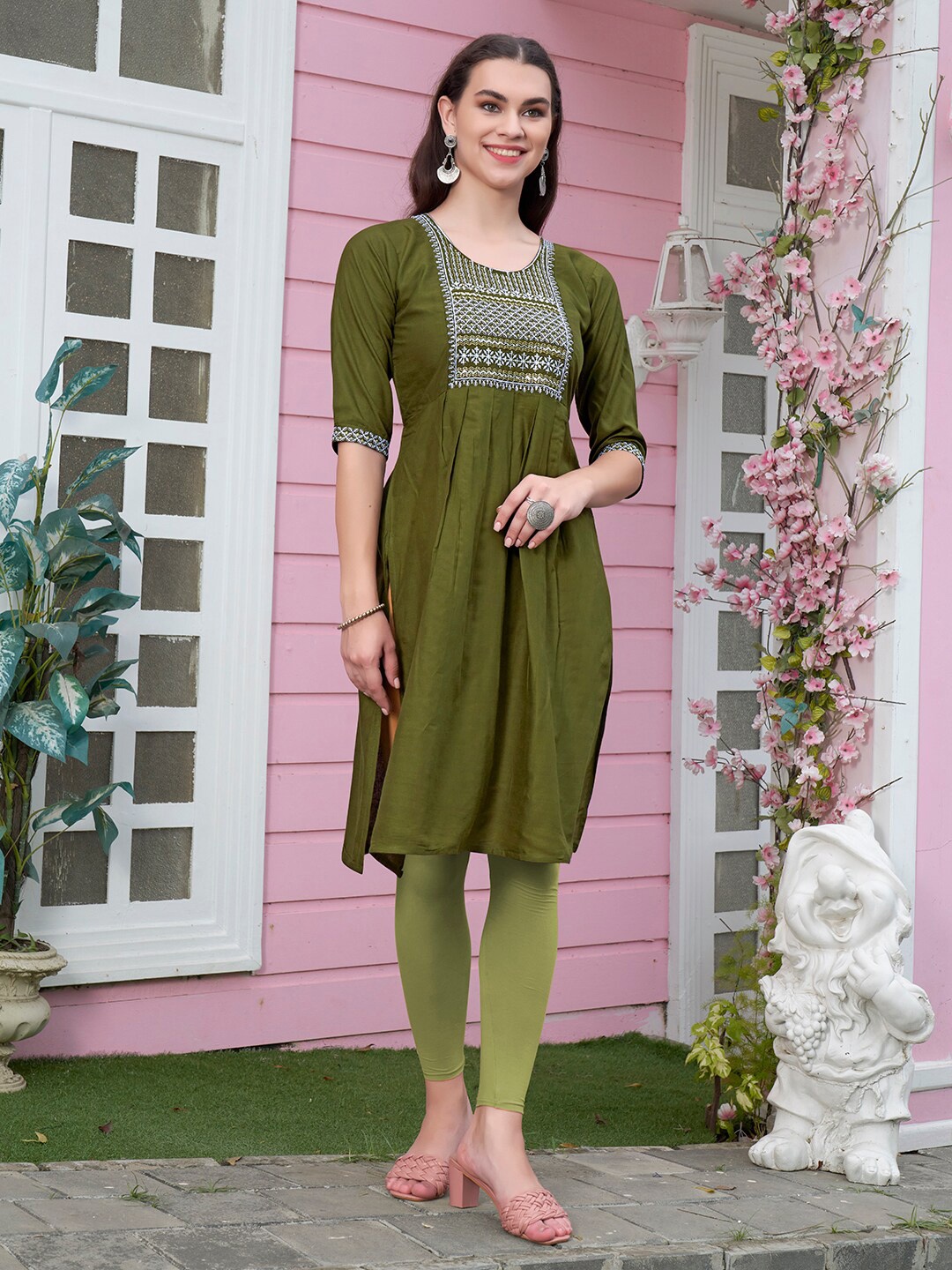 

Anouk Ethnic Motifs Yoke Design Thread Work Detail Pleated Style Straight Kurta, Olive