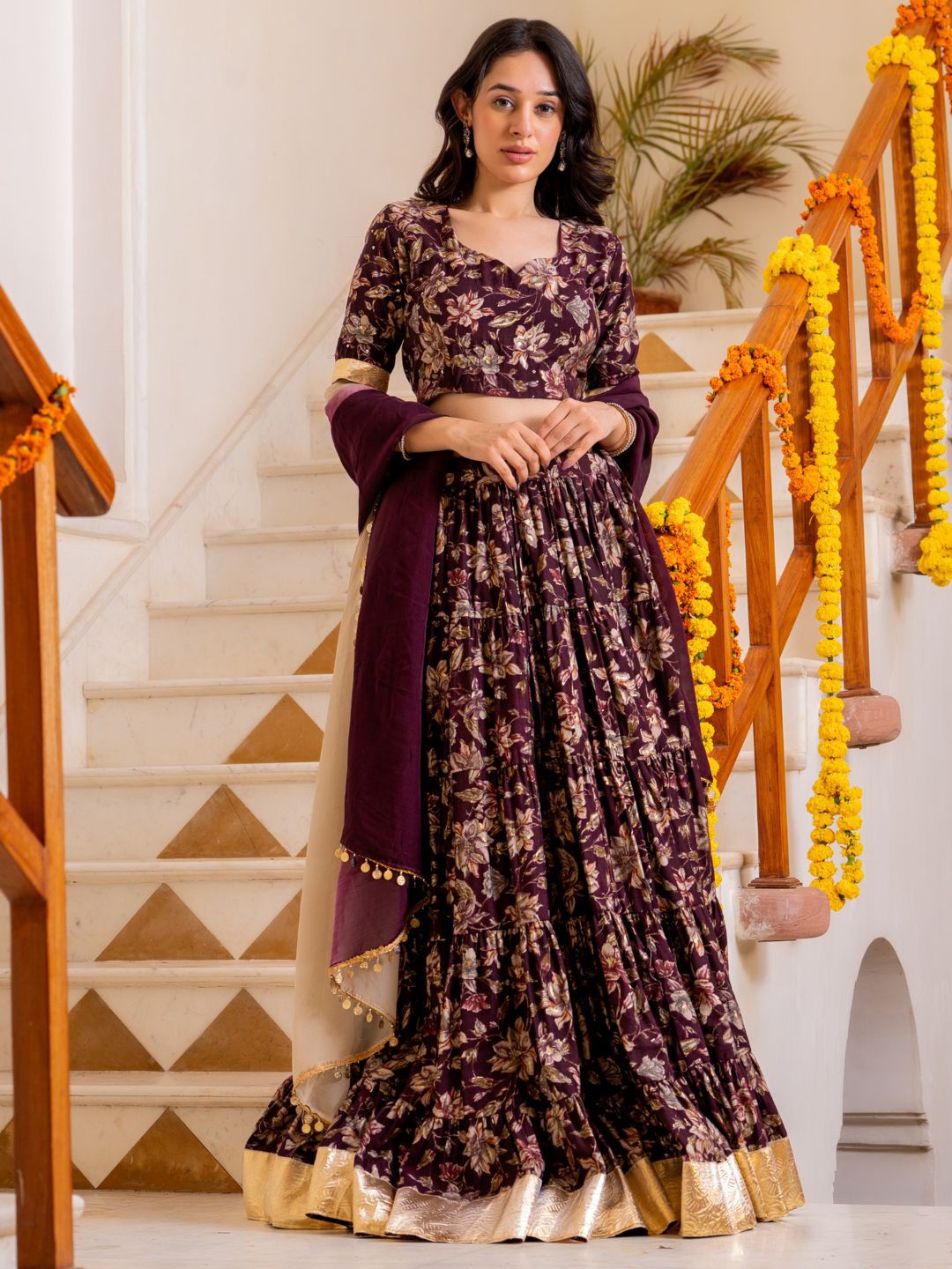 

HOUSE OF JAMOTI Floral Printed Ready to Wear Lehenga & Blouse With Dupatta, Maroon