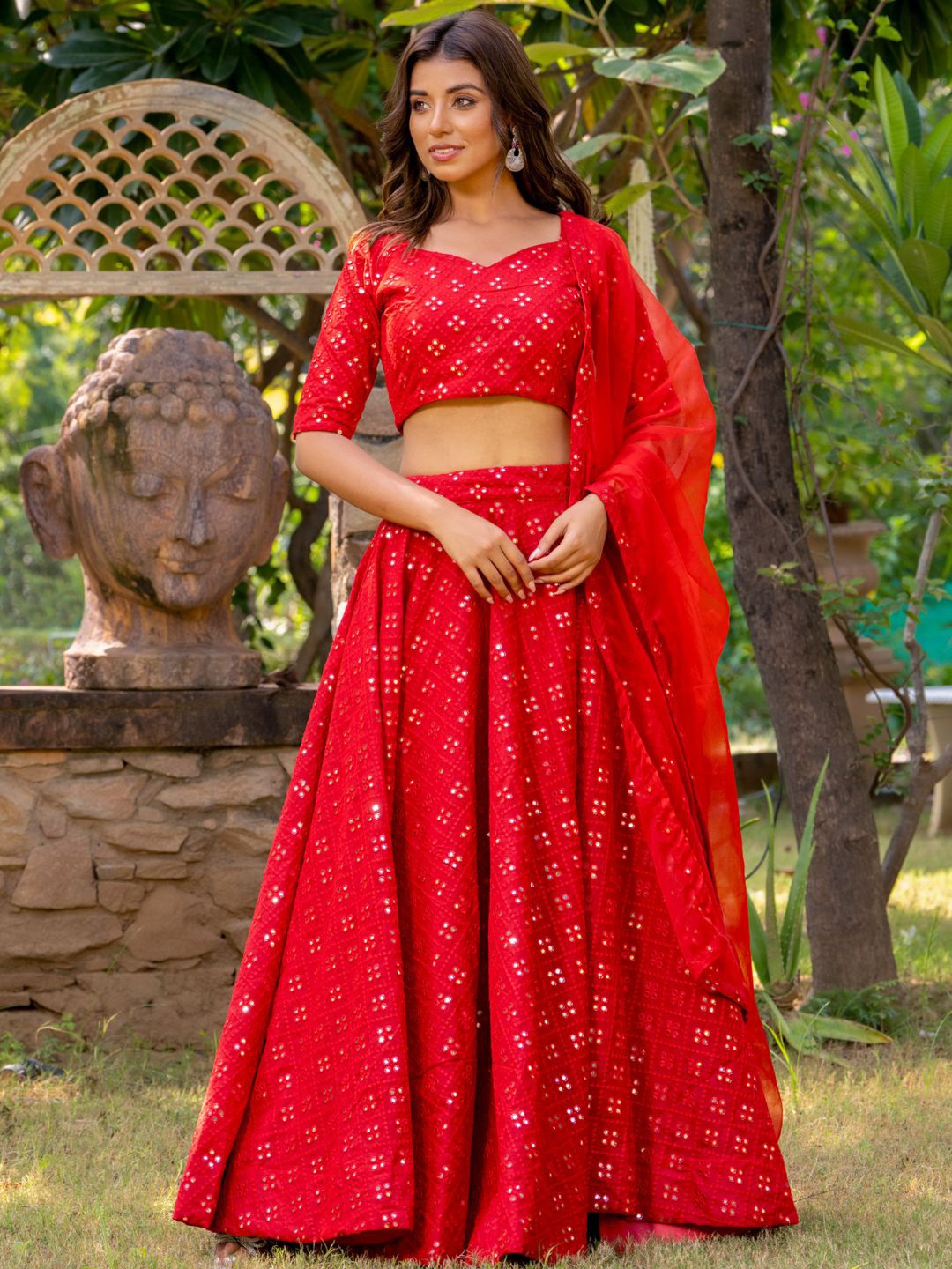 

HOUSE OF JAMOTI Embroidered Mirror Work Ready to Wear Lehenga & Blouse With Dupatta, Red