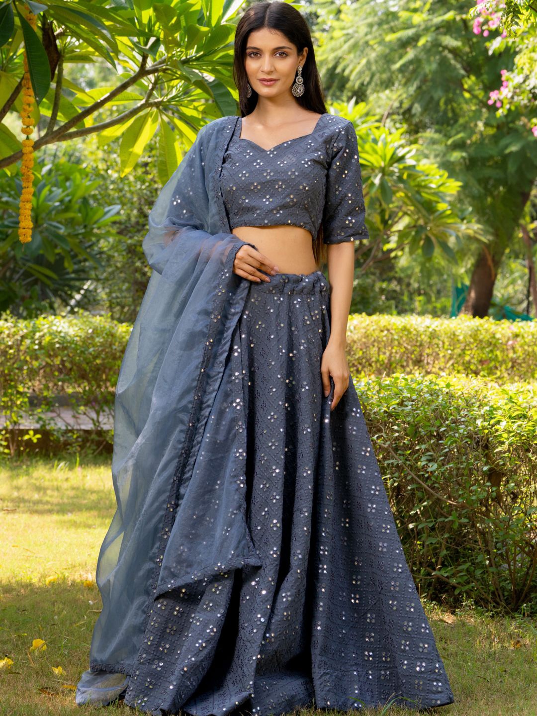 

HOUSE OF JAMOTI Embroidered Mirror Work Ready to Wear Lehenga & Blouse With Dupatta, Grey
