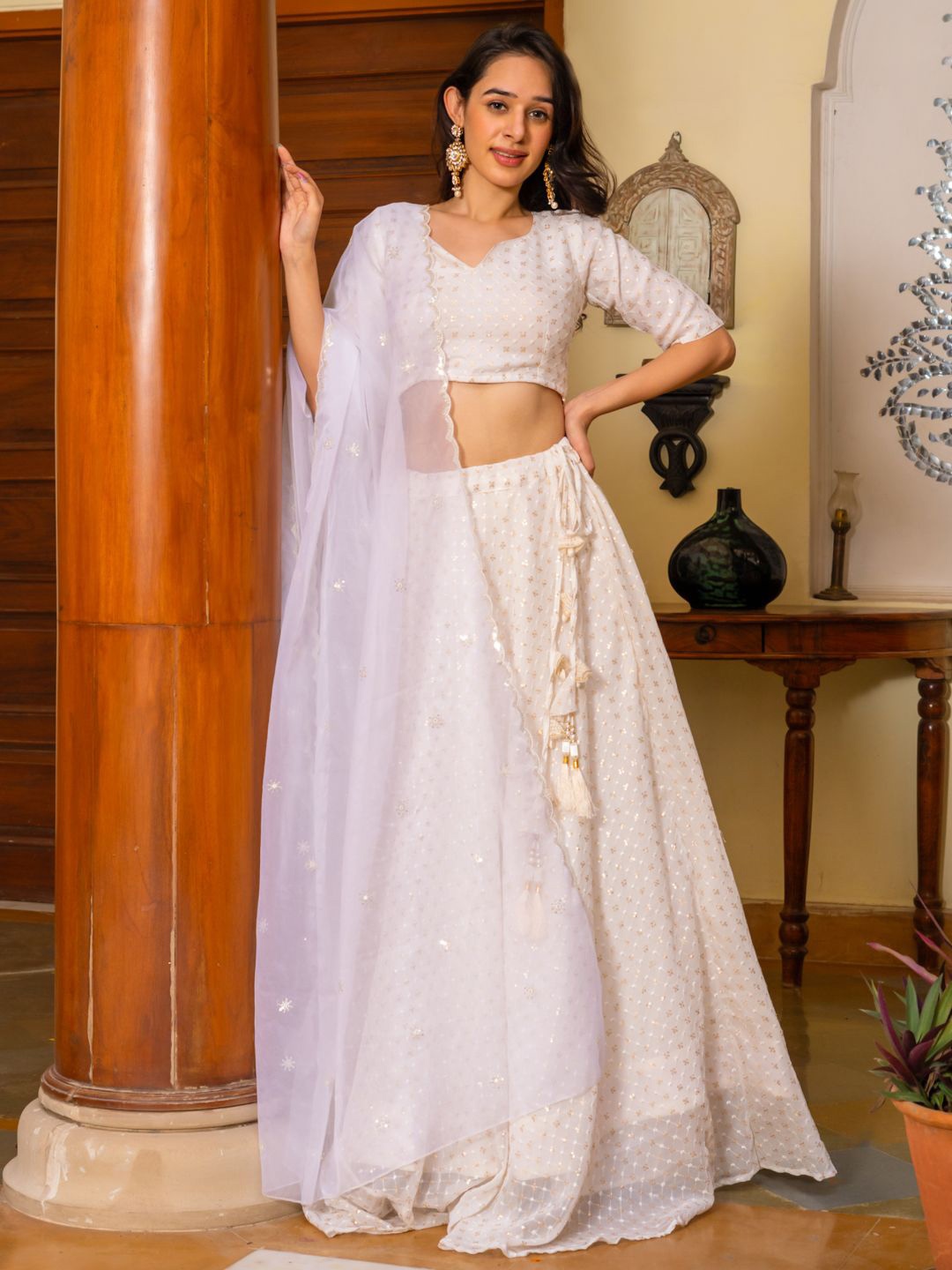 

HOUSE OF JAMOTI Embroidered Sequinned Ready to Wear Lehenga & Blouse With Dupatta, White