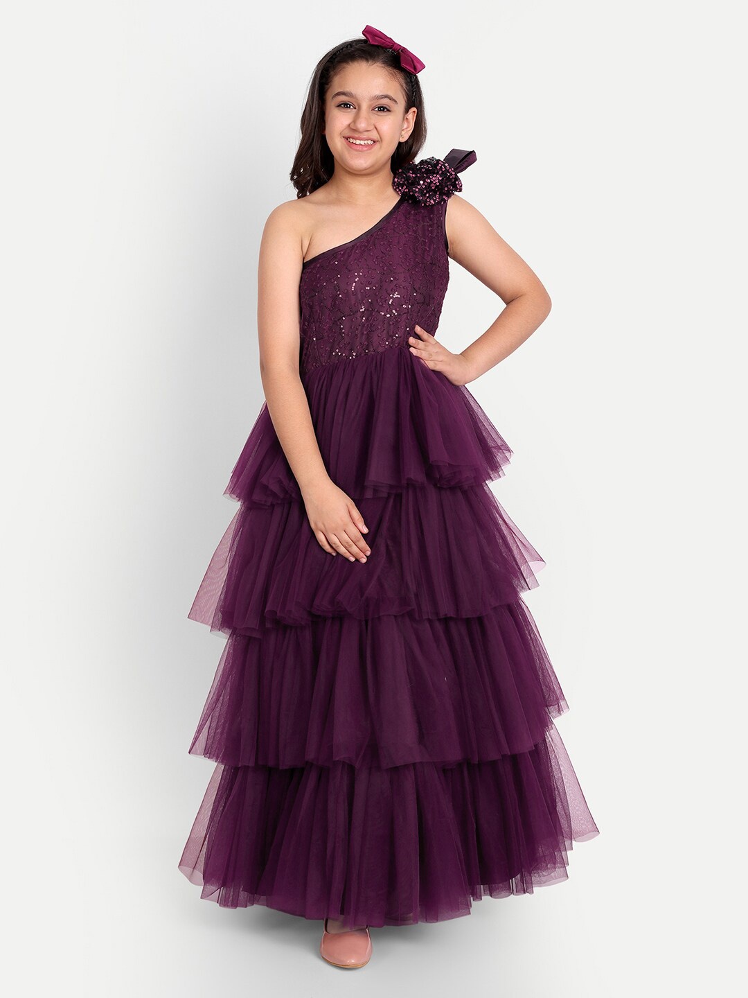 

TILISM Girls Sequin Embellished One Shoulder Net Maxi Tiered Dress, Purple