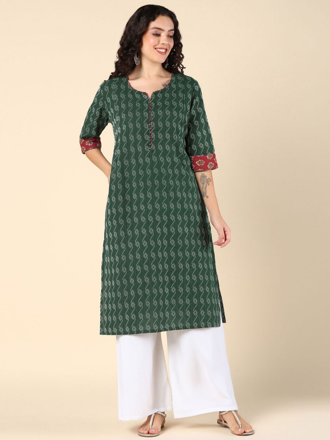 

House Of Zelena Geometric Printed Cotton Maternity Kurta, Green