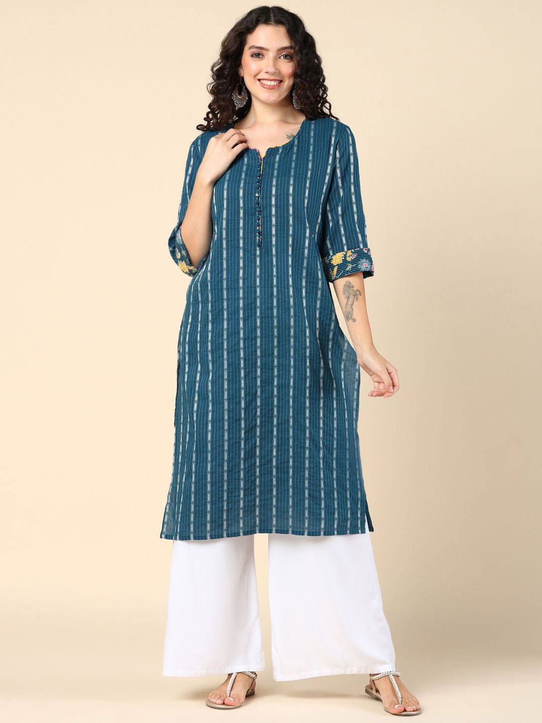 

House Of Zelena Ethnic Motifs Embroidered Cotton Maternity Kurta, Blue