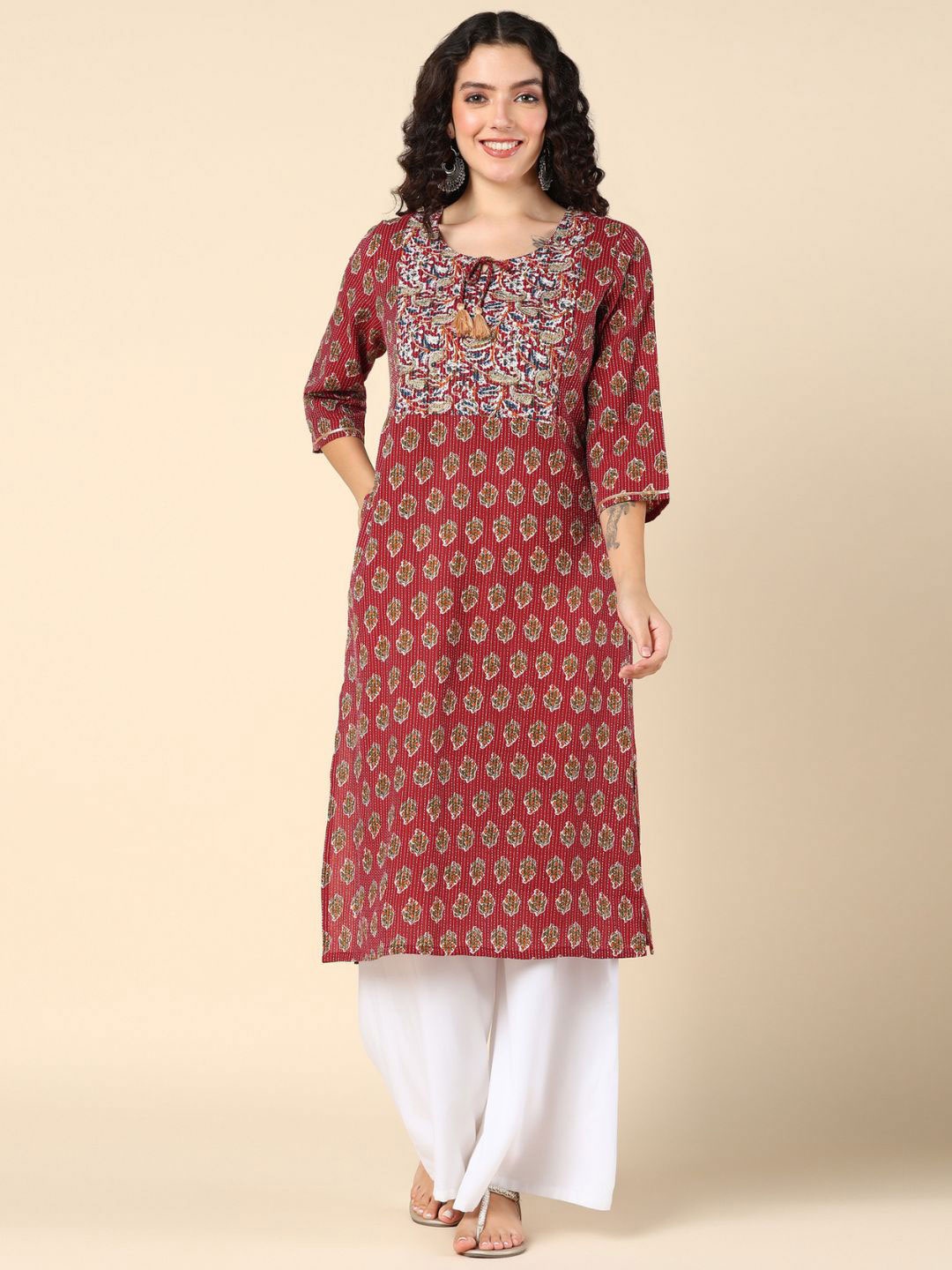 

House Of Zelena Ethnic Motifs Printed Cotton Maternity Kurta, Red