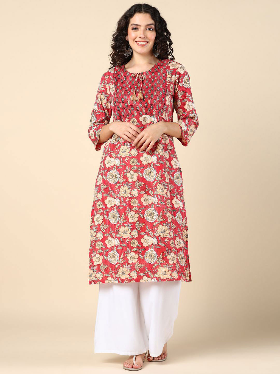 

House Of Zelena Floral Printed Tie-Up Neck Thread Work Cotton Feeding & Maternity Kurta, Red