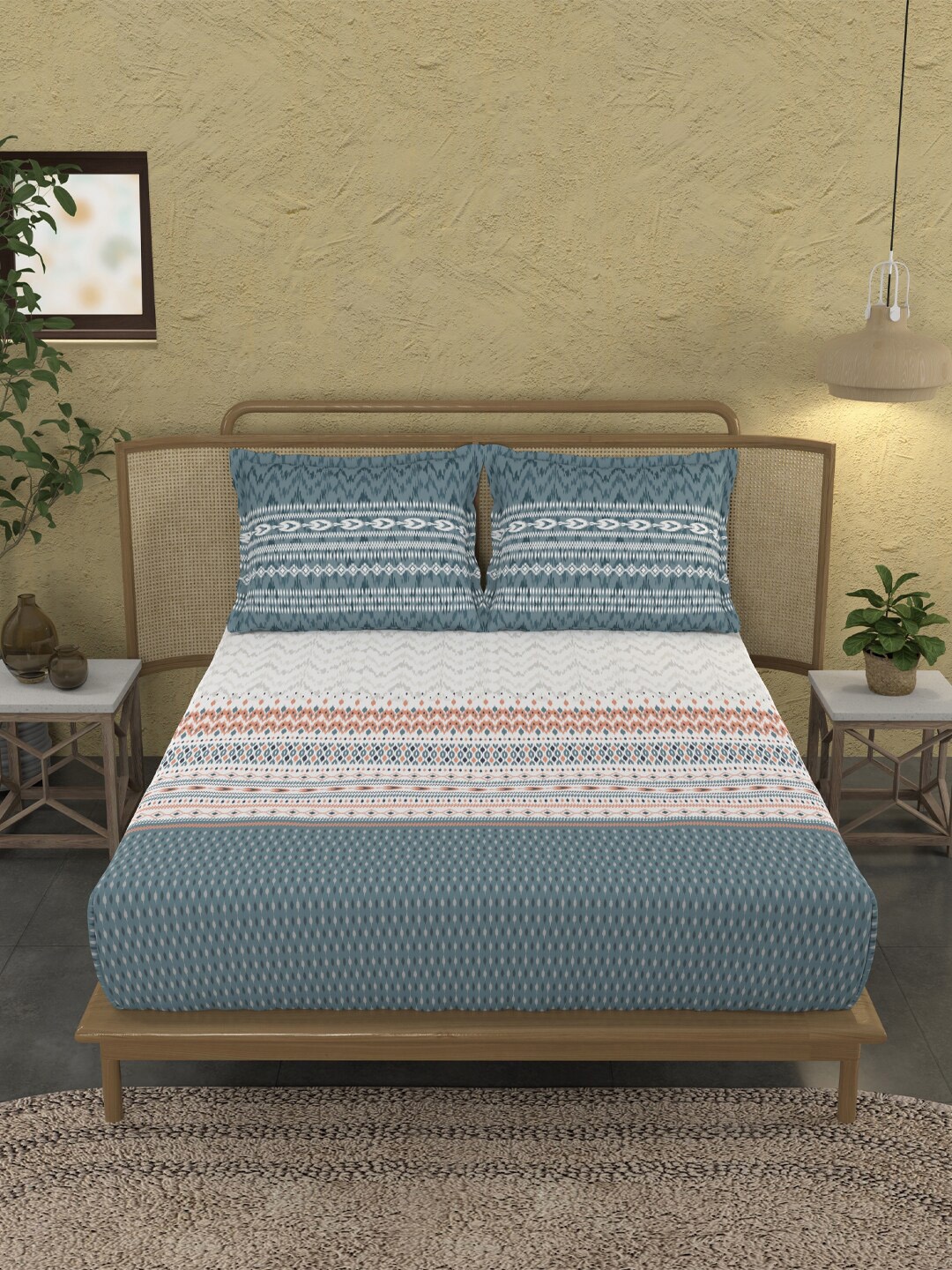 

MYTRIDENT Ikkat Stone Blue Sanskriti Flat 144TC King Cotton Bedsheet with 2 Pillow Covers