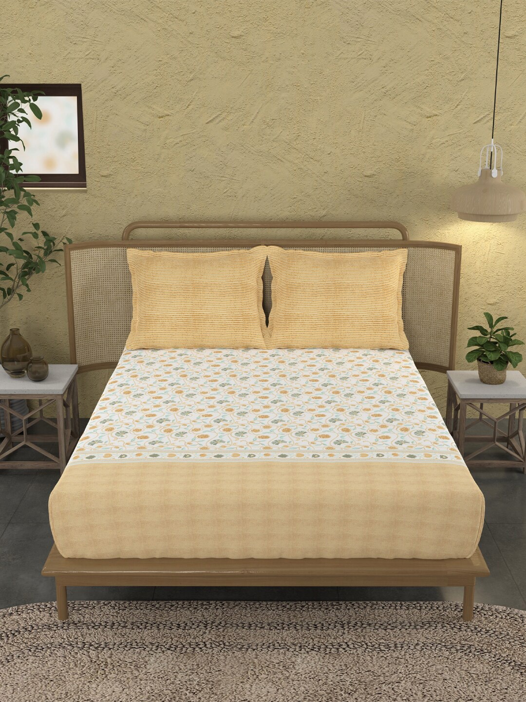 

MYTRIDENT Block Print Mastard Sanskriti Flat 144TC King Cotton Bedsheet Set, Yellow