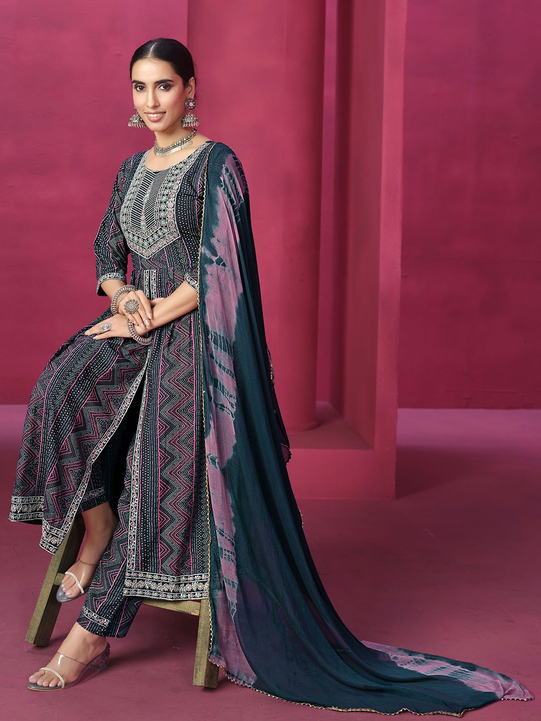 

Sangria Printed & Embroidered A-Line Kurta With Trouser & Dupatta Set, Navy blue