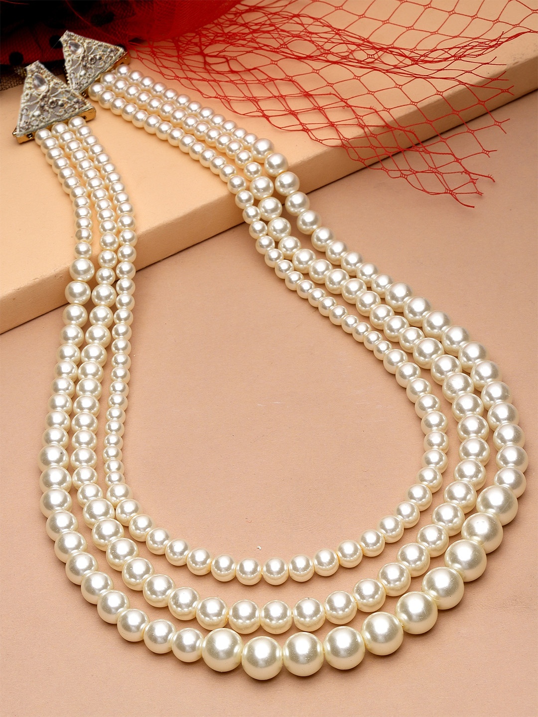 

Sanjog Men Gold-Toned Brass Necklace Dulha Moti Pearl Mala Haar Groom Layered Necklace