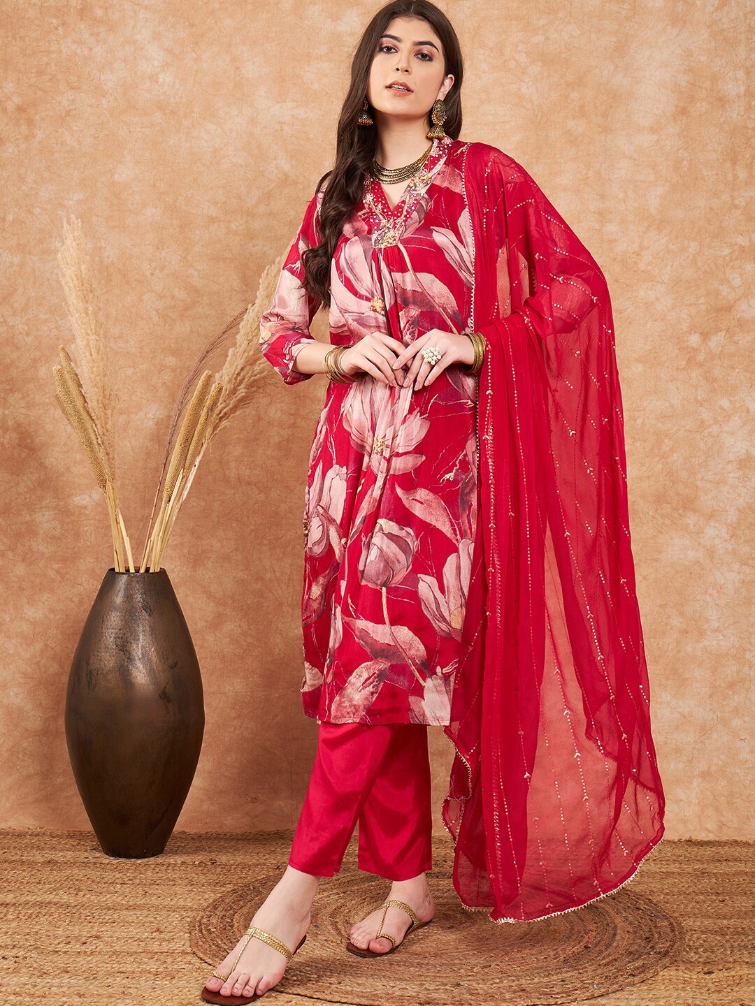 

Sangria Printed & Embroidered A-Line Kurta With Trouser & Dupatta Set, Red