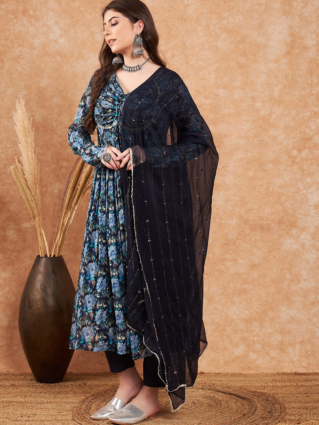 

Sangria Printed & Embroidered A-Line Kurta With Trouser & Dupatta Set, Navy blue