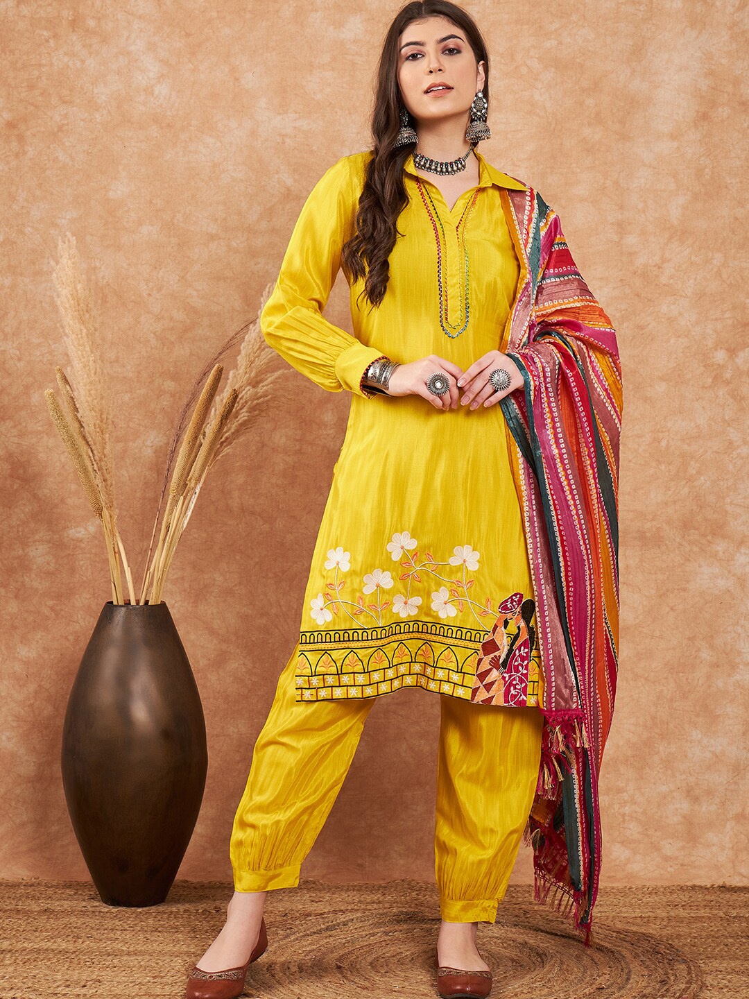 

Sangria Yellow Foral Embroidered Gotta Patti Pathani Kurta With Salwar & Dupatta