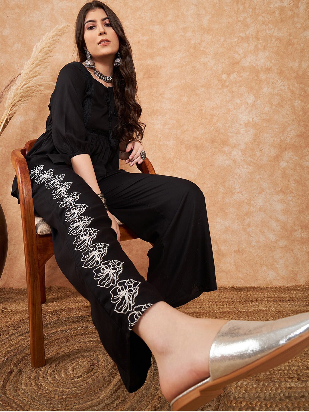 

Sangria Embroidered Top With Palazzo Co-Ords, Black
