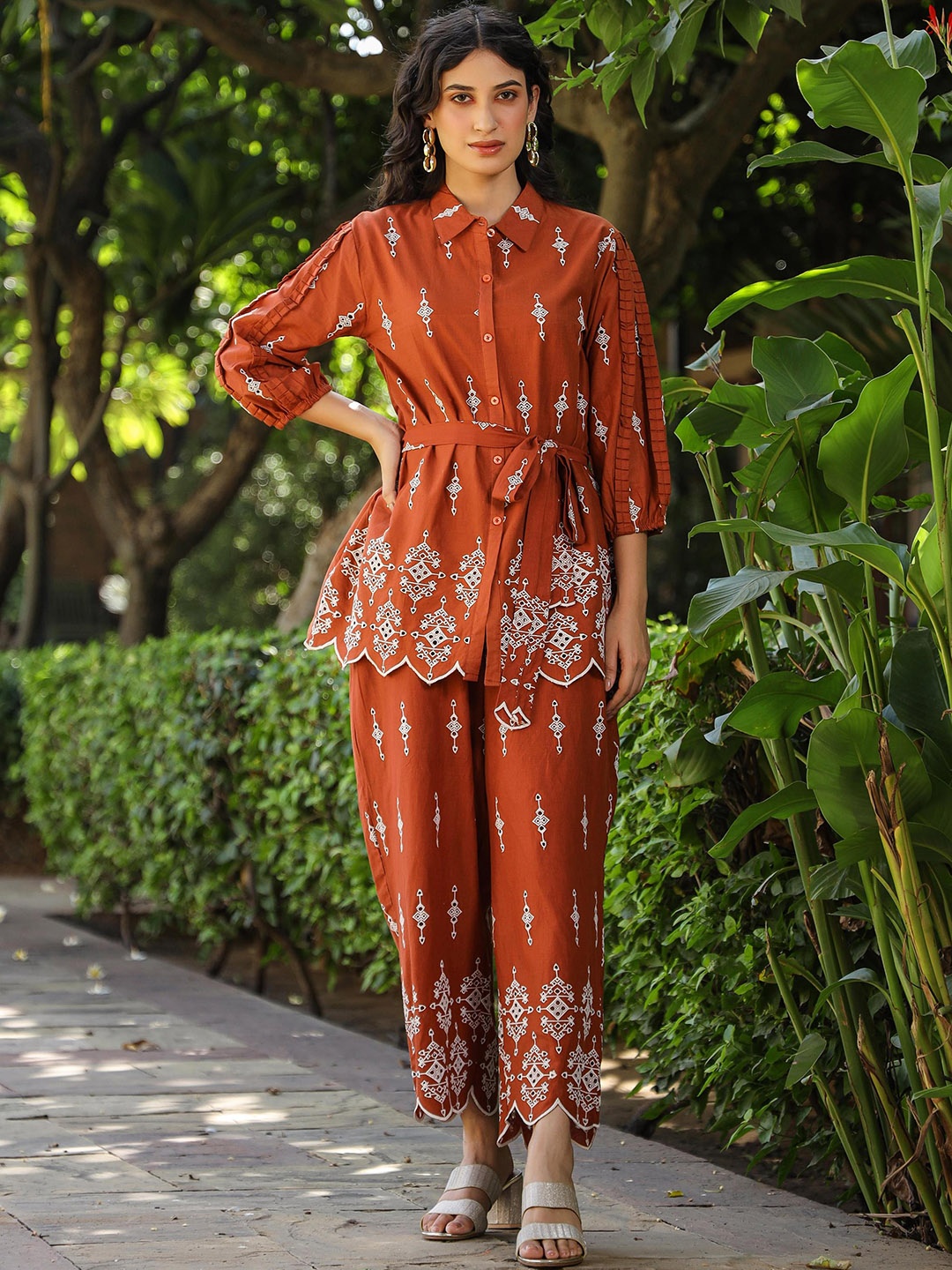 

SCAKHI Ethnic Motifs Printed Pure Cotton Tunic With Palazzos Co-Ords, Rust