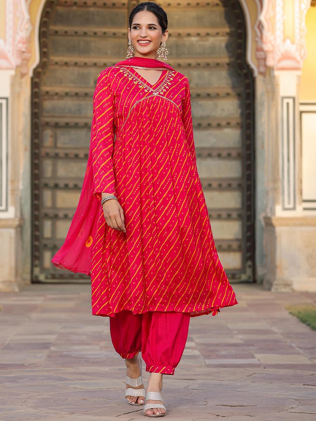 

SCAKHI Bandhani Printed Empire Gotta Patti Silk Crepe Kurta with Patiala & Dupatta, Red