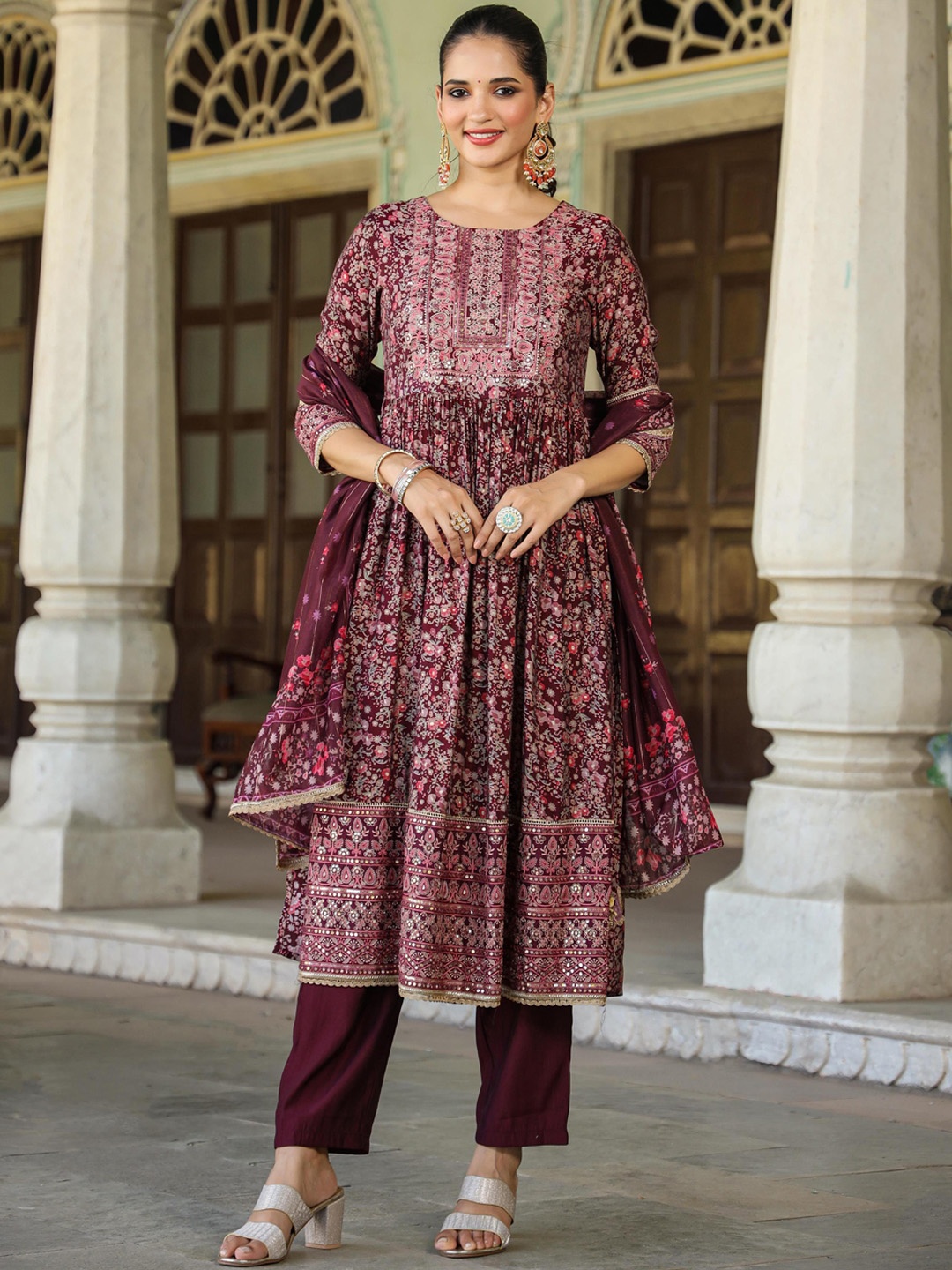 

SCAKHI Floral Printed Pleated Mirror Work Chanderi Silk Kurta With Trousers & Dupatta, Magenta