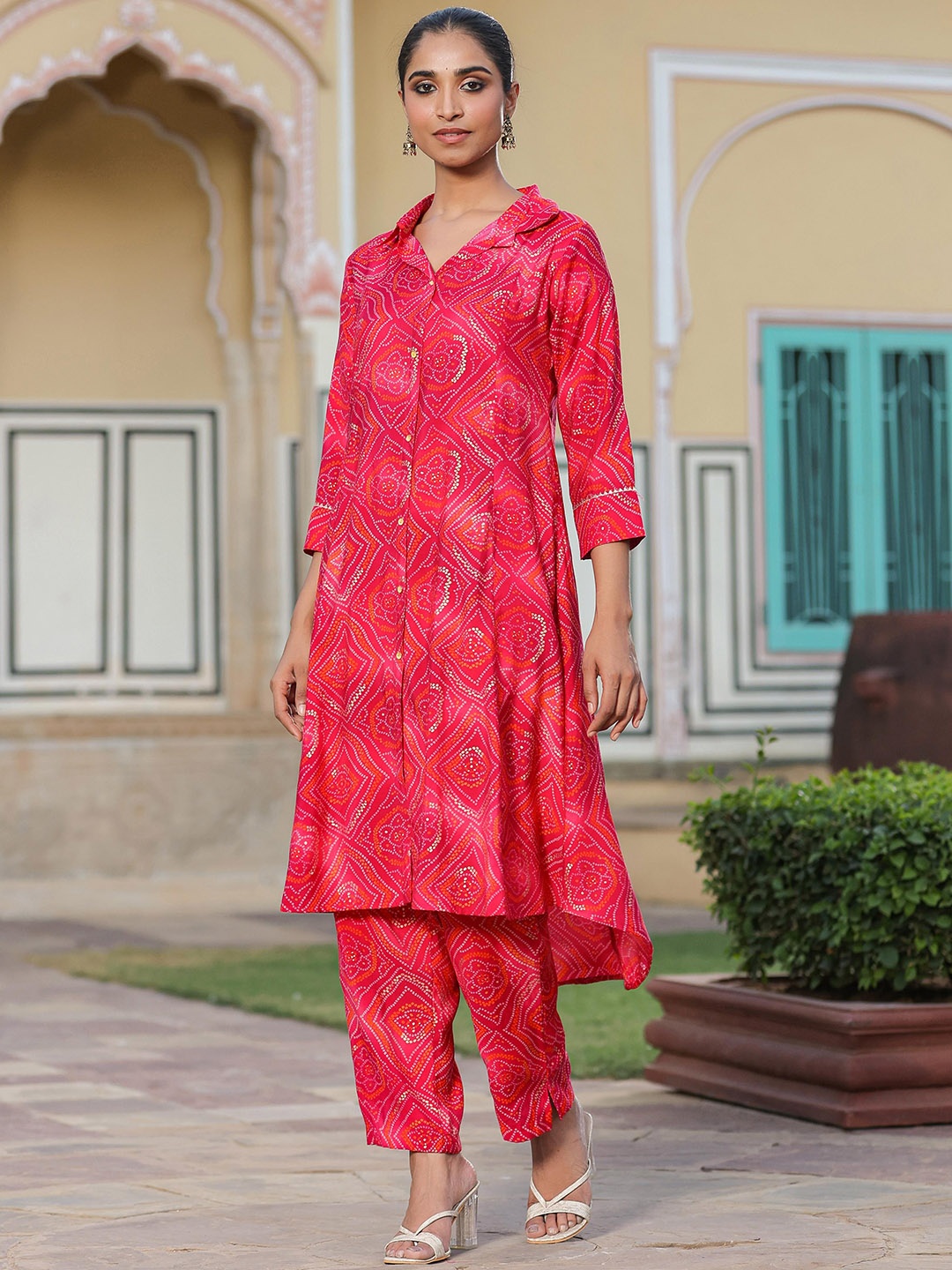 

SCAKHI Bandhani Printed A-Line Kurta with Trousers, Pink