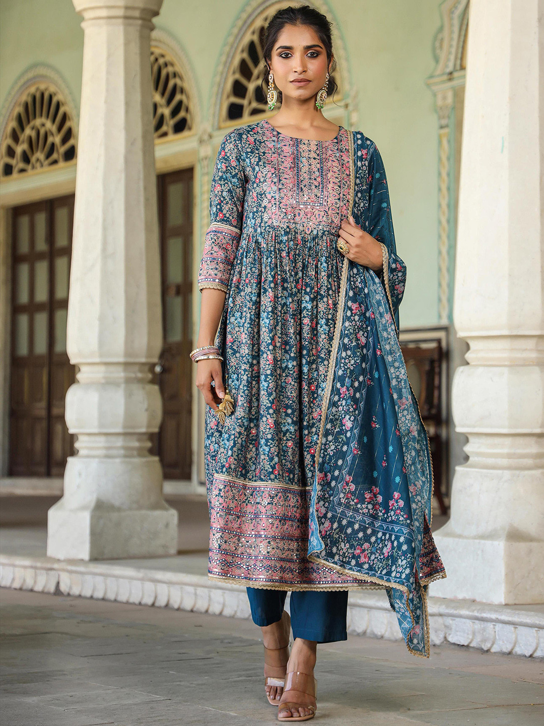 

SCAKHI Floral Printed Empire Mirror Work Chanderi Silk Kurta With Trousers & Dupatta, Teal