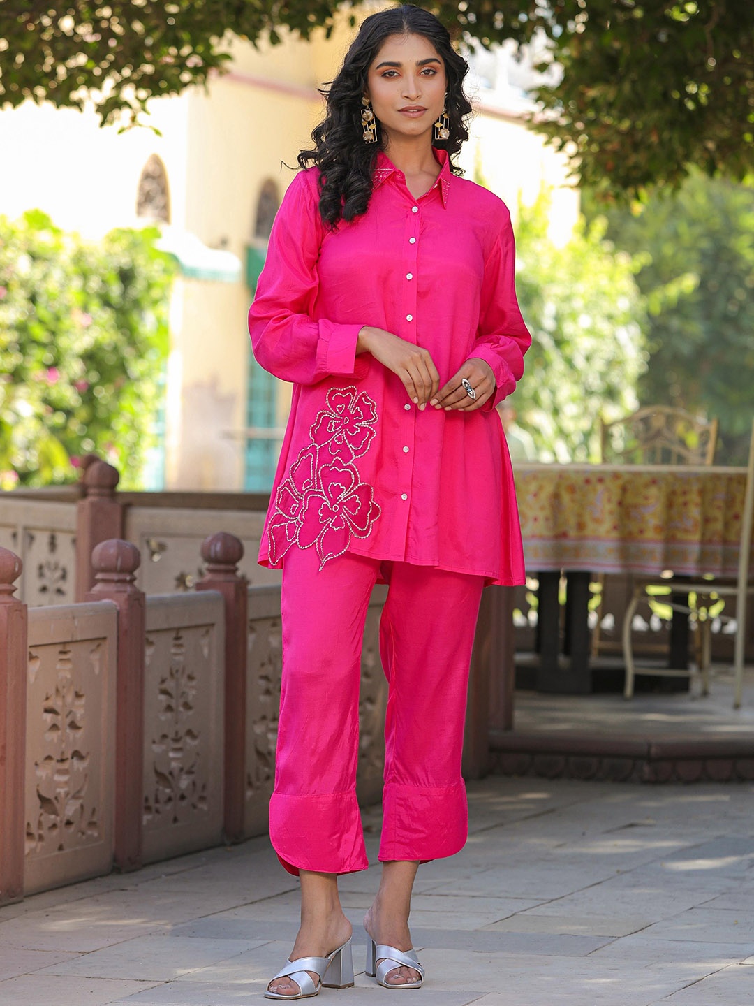 

SCAKHI Patch Work Shirt With Trousers Co-Ords, Pink