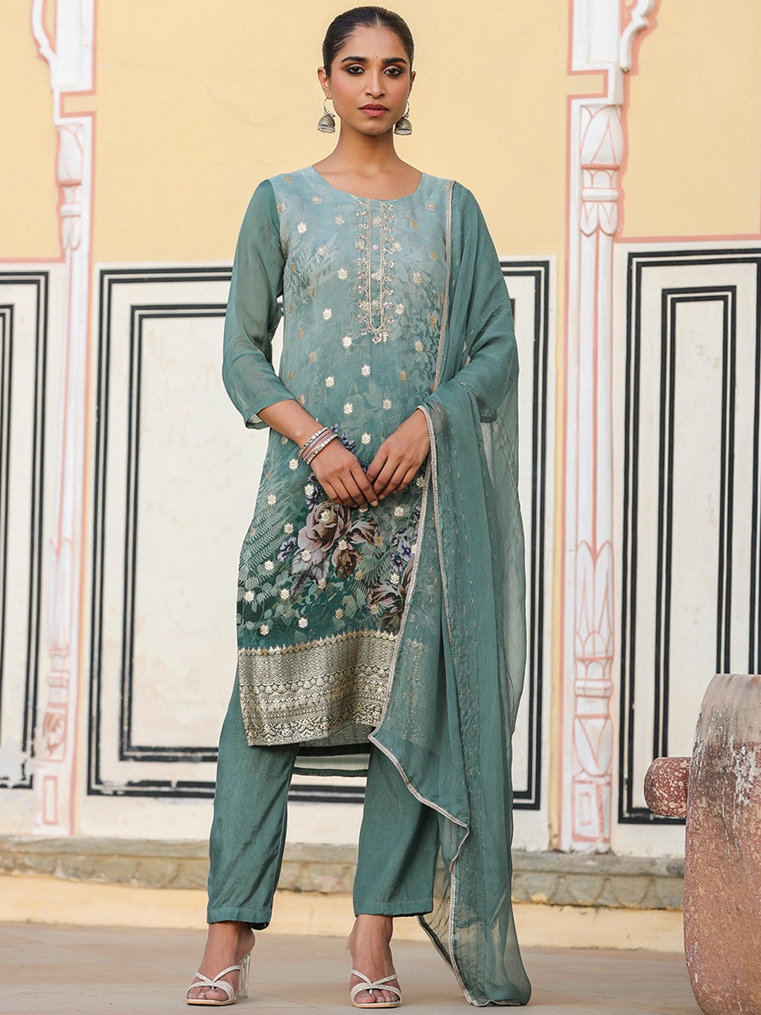 

SCAKHI Floral Printed Zari Kurta with Trousers & With Dupatta, Teal