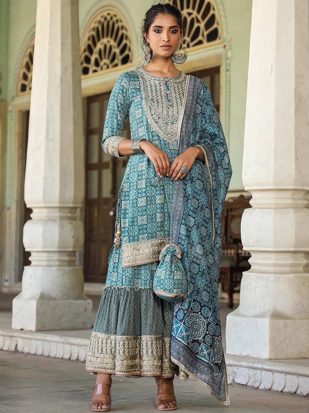 

SCAKHI Ethnic Motifs Printed Kurta With Sharara & Dupatta, Teal