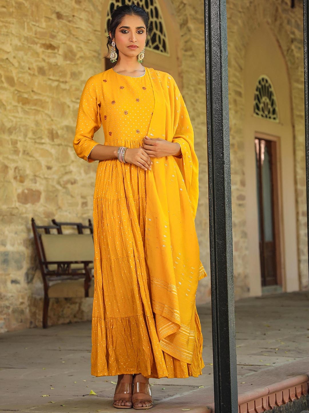 

SCAKHI Embellished Fit & Flare Tiered Cotton Jacquard Maxi Ethnic Dress With Dupatta, Mustard
