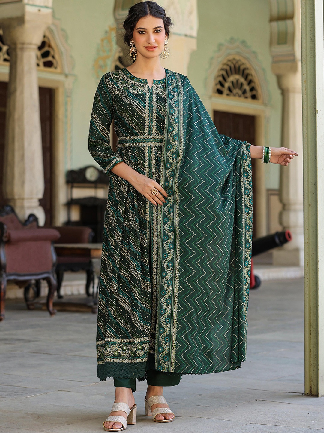 

SCAKHI Bandhani Printed Mirror Work High Slit Anarkali Kurta With Trousers & Dupatta, Green