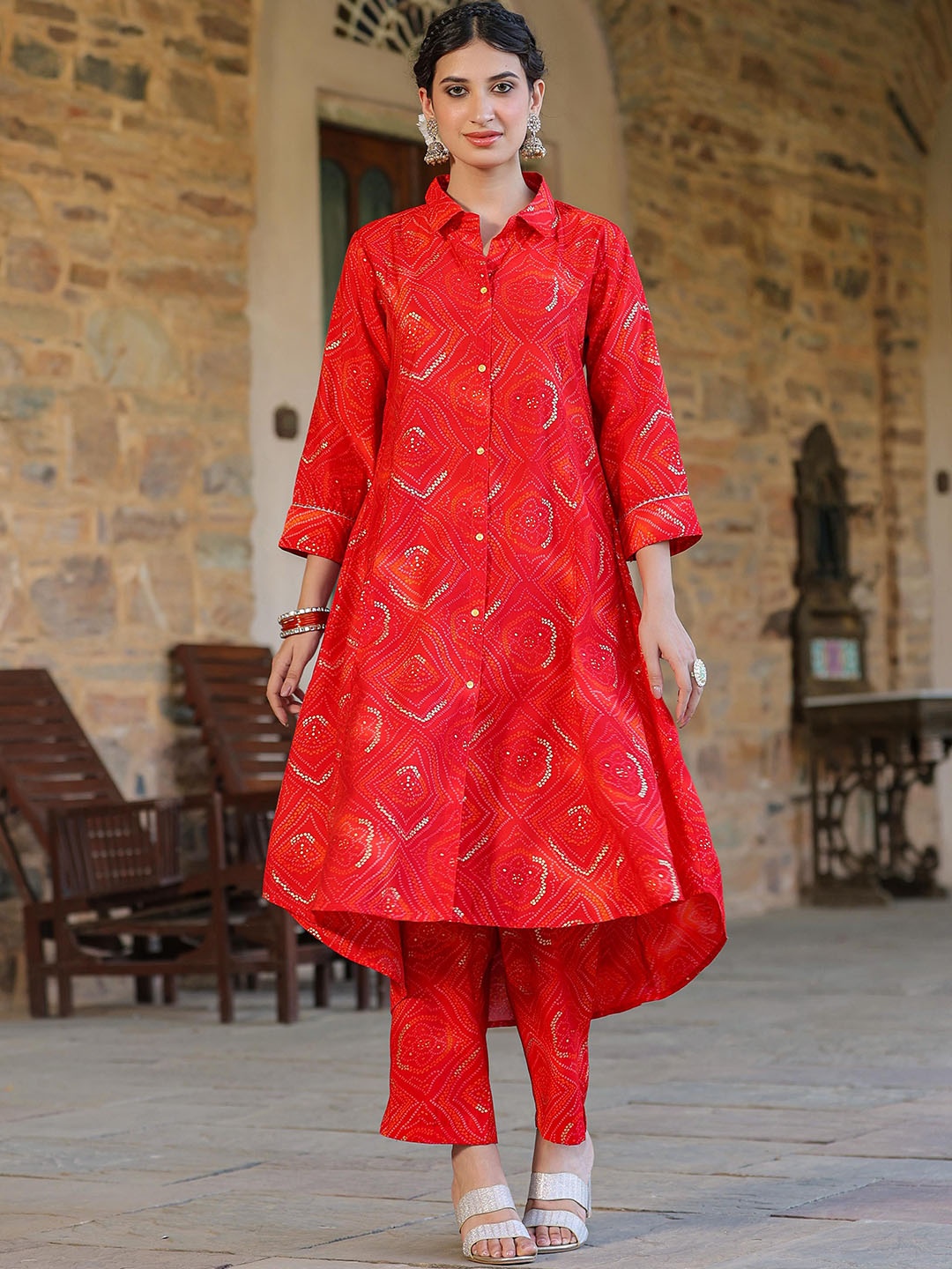 

SCAKHI Bandhani Printed A-Line Kurta with Trousers, Red