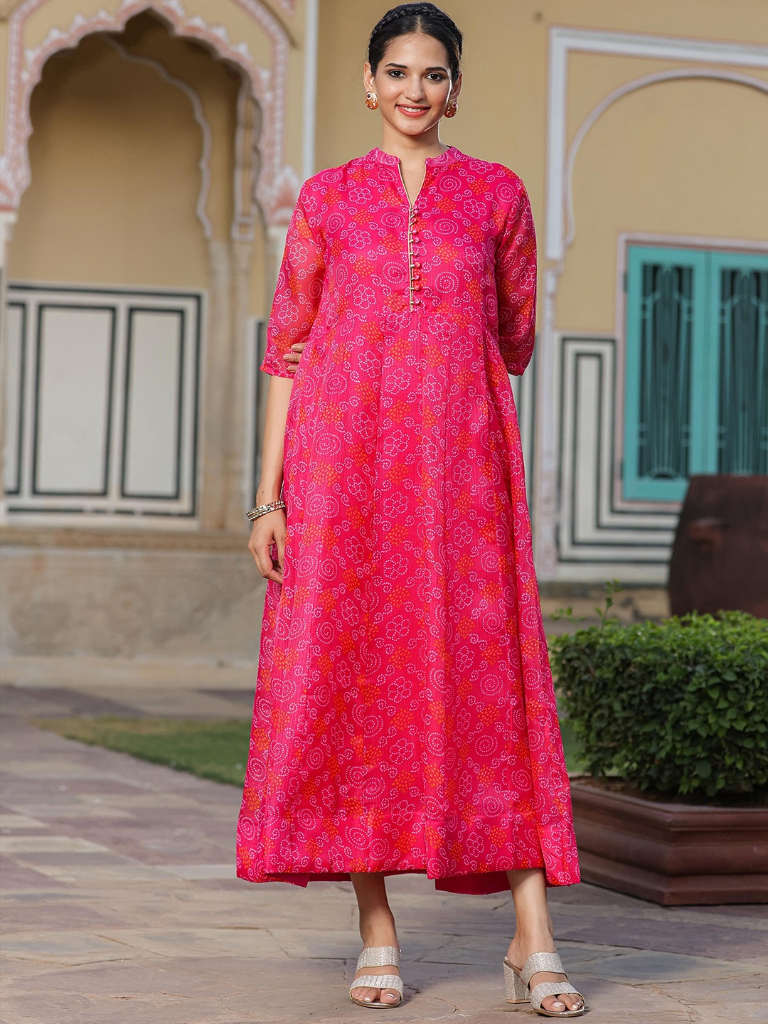 

SCAKHI Bandhani Printed Cotton Kota Doria Fit & Flared Maxi Ethnic Dress, Pink