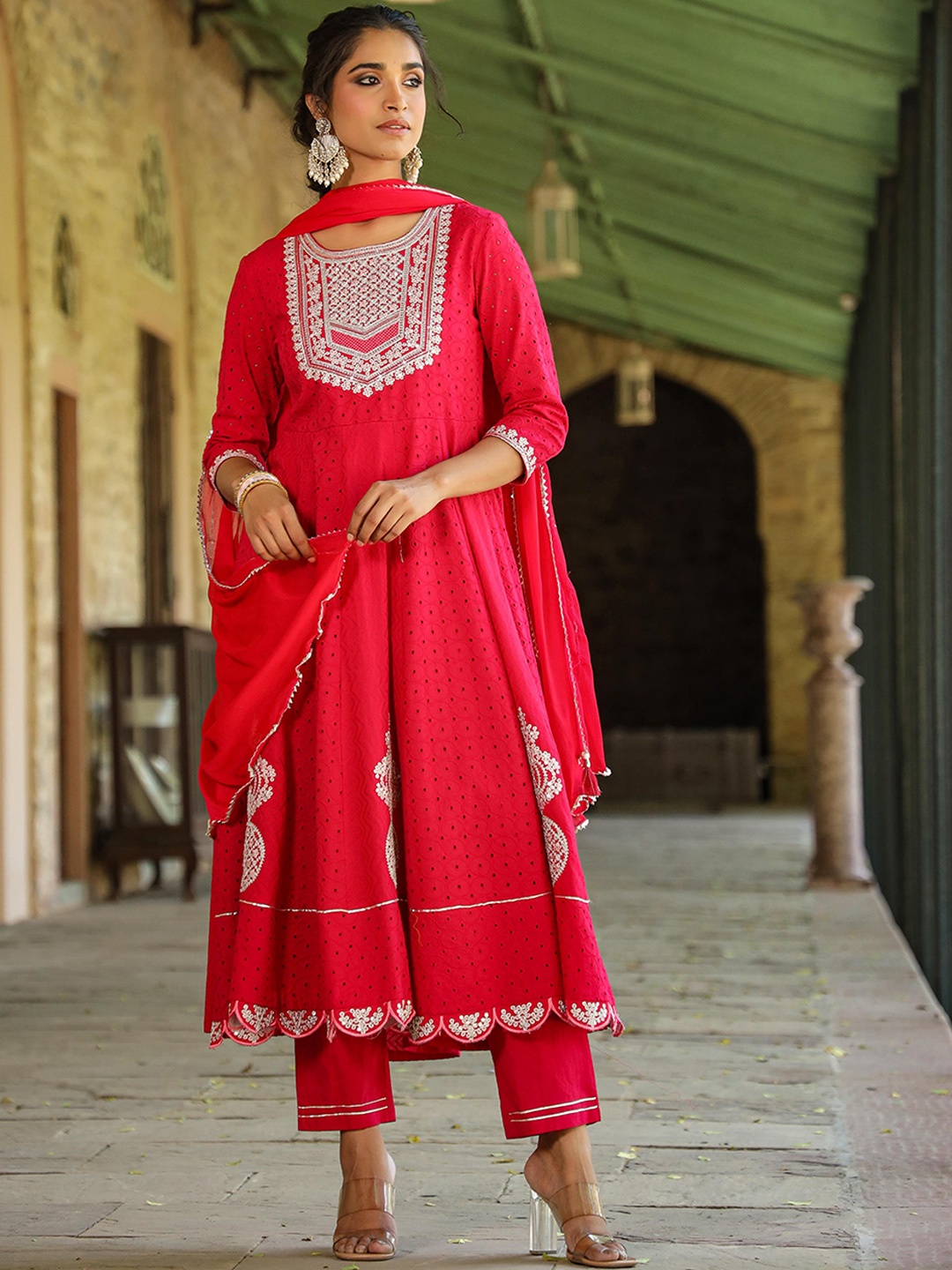 

SCAKHI Floral Embroidered Panelled Pure Cotton Anarkali Kurta With Trousers & Dupatta, Fuchsia