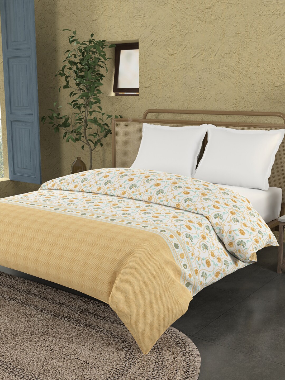 

MYTRIDENT Yellow & White Geometric AC Room Cotton 150 GSM Double Bed Comforter