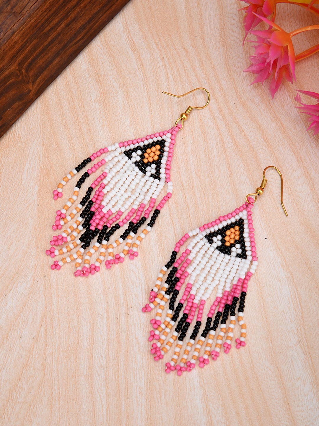 

gaura pakhi Beaded Tasselled Drop Earrings, Pink