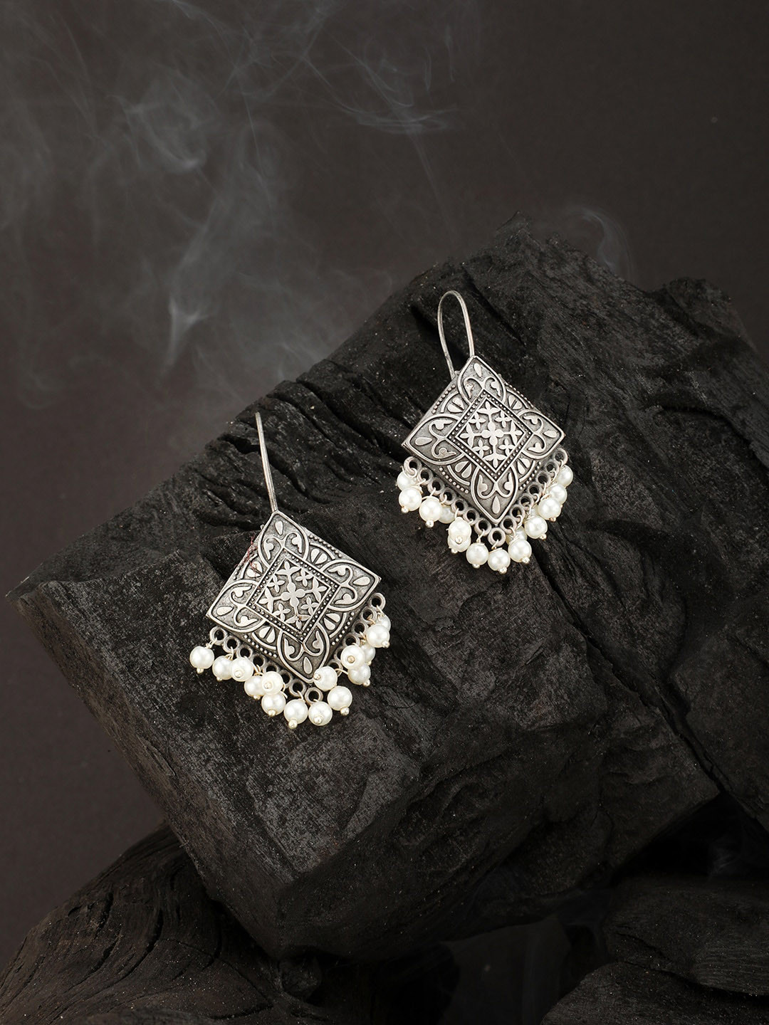 

gaura pakhi Stainless Steel Pearls Studded Square Drop Earrings, White