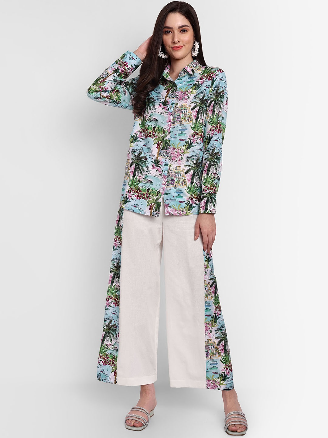 

TYAAR Printed Shirt With Palazzos, White