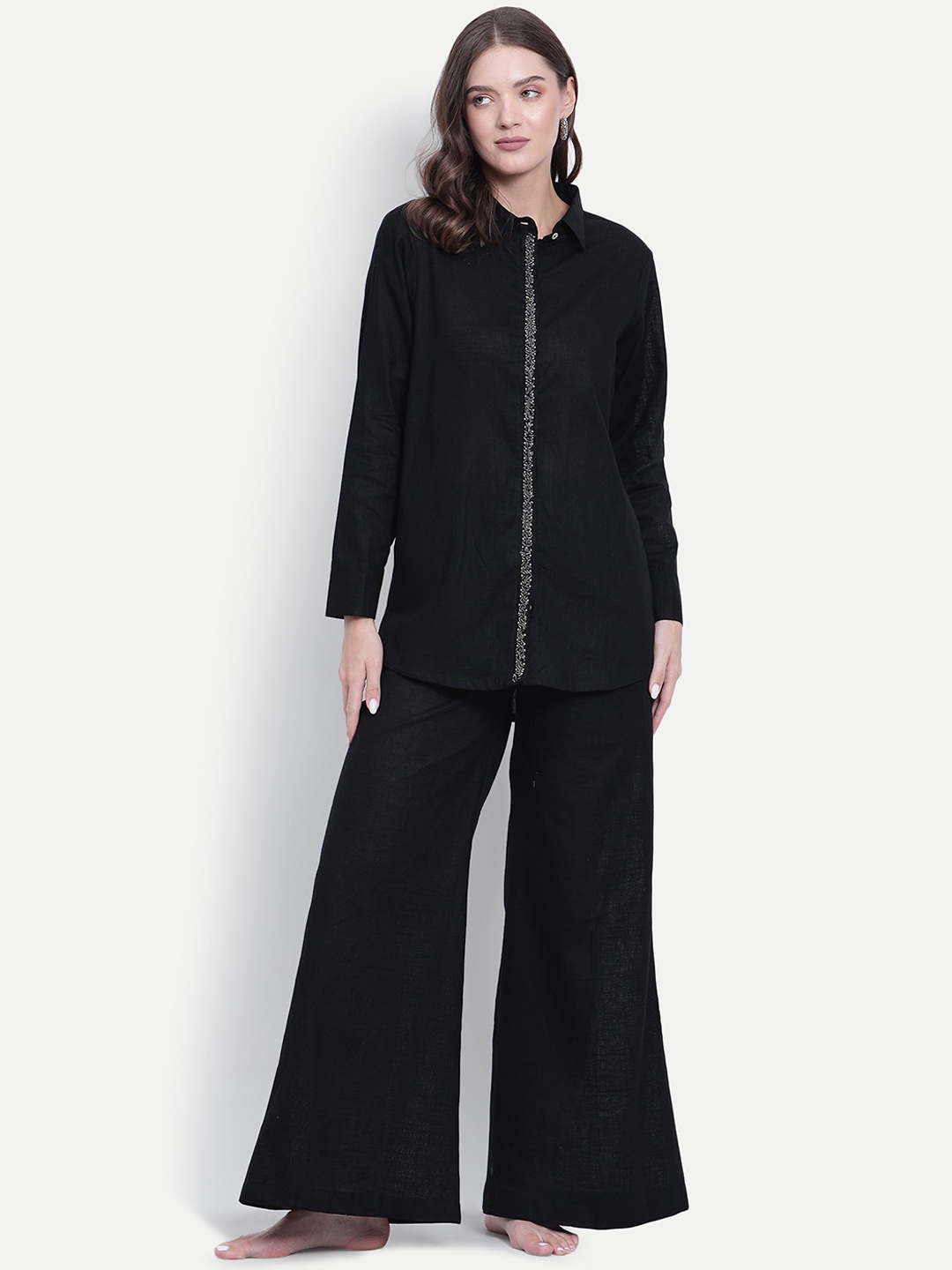 

TYAAR Embellished Shirt-Collar Pure Cotton Shirt With Trouser, Black