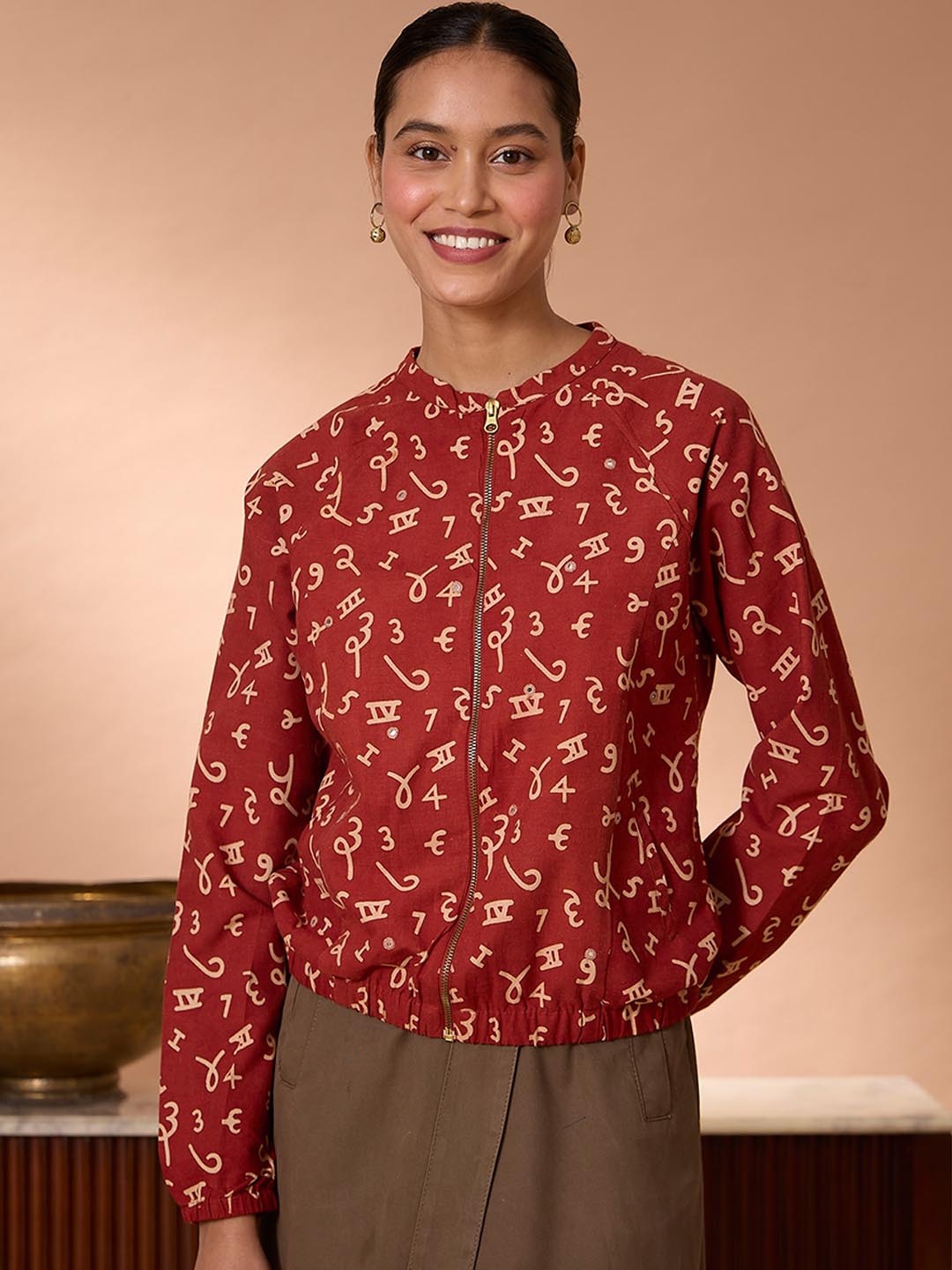 

OKHAI Typography Printed Cotton Crop Bomber Jacket, Red