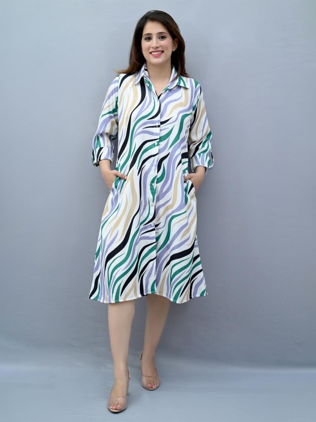 

CRAZEVILLA Abstract Printed Shirt Collar Roll-Up Sleeves Shirt Midi Dress, White
