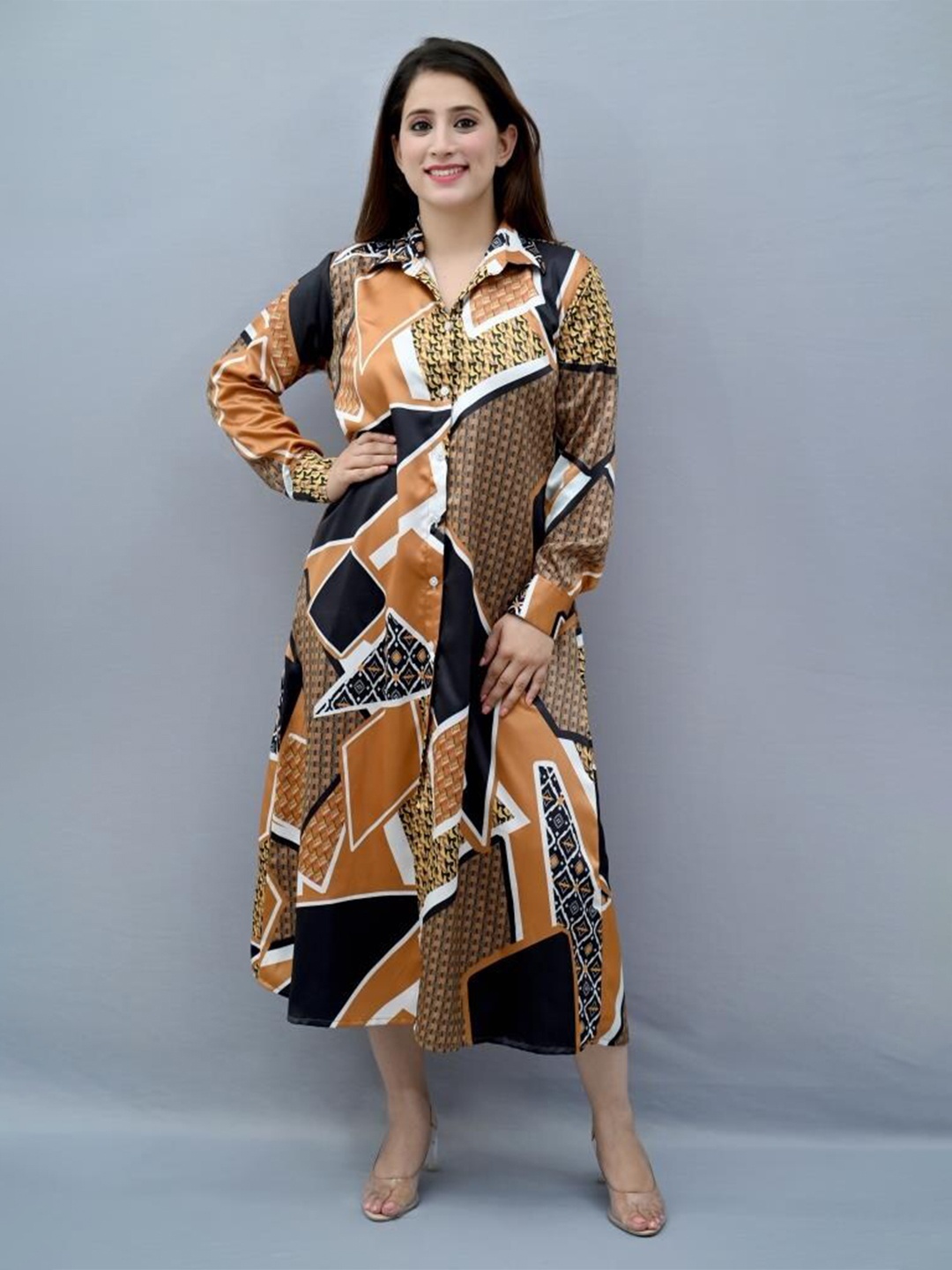 

CRAZEVILLA Geometric Printed Shirt Collar Cuffed Sleeves Shirt Midi Dress, Brown